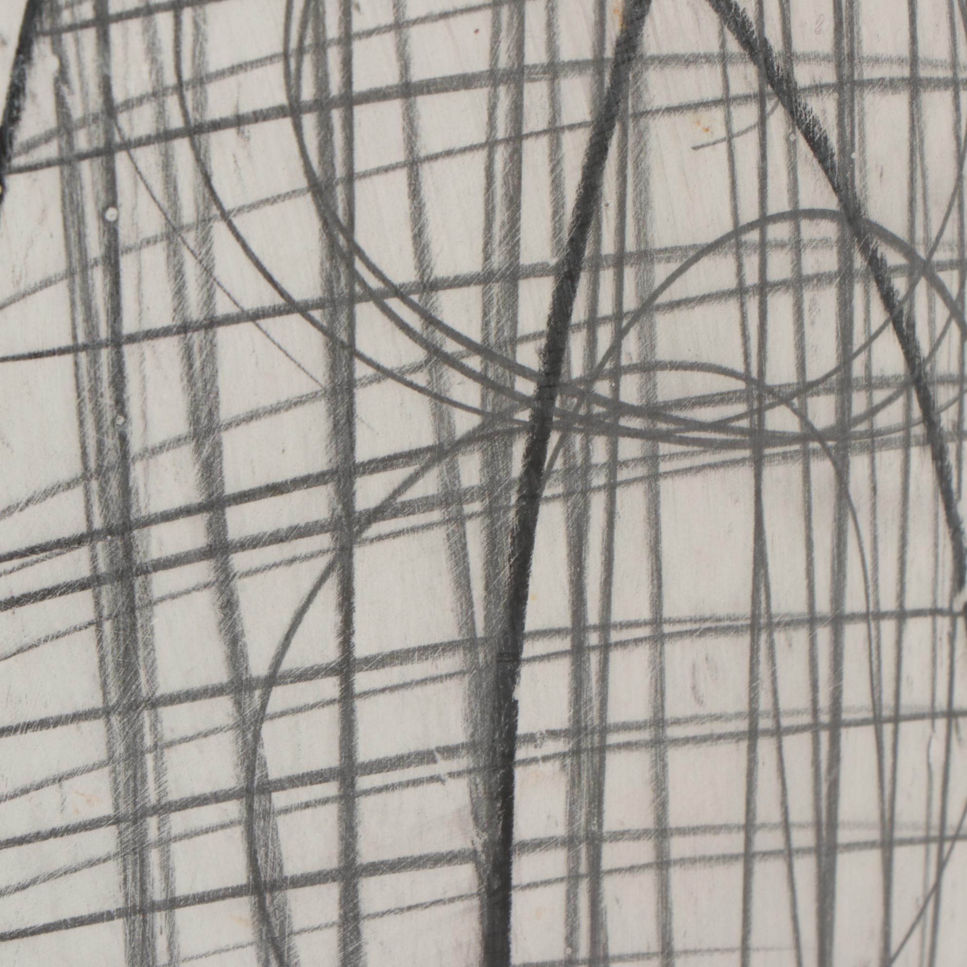 Graphite and Charcoal Linear Abstract Drawing on Whitewashed Vase