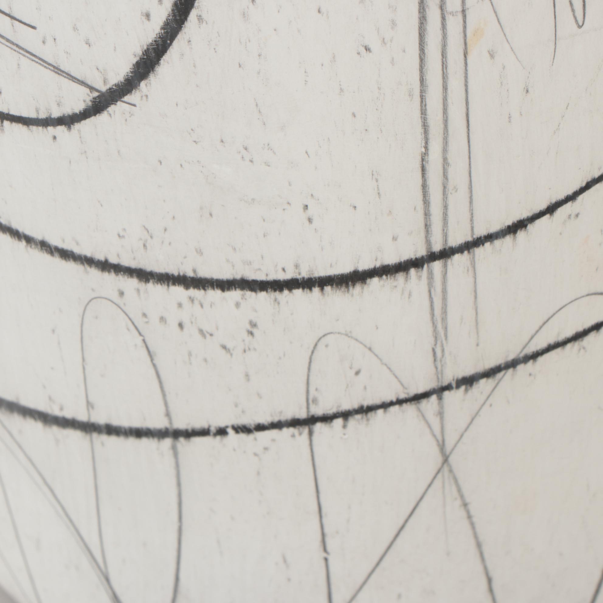 Graphite and Charcoal Linear Abstract Drawing on Whitewashed Vase