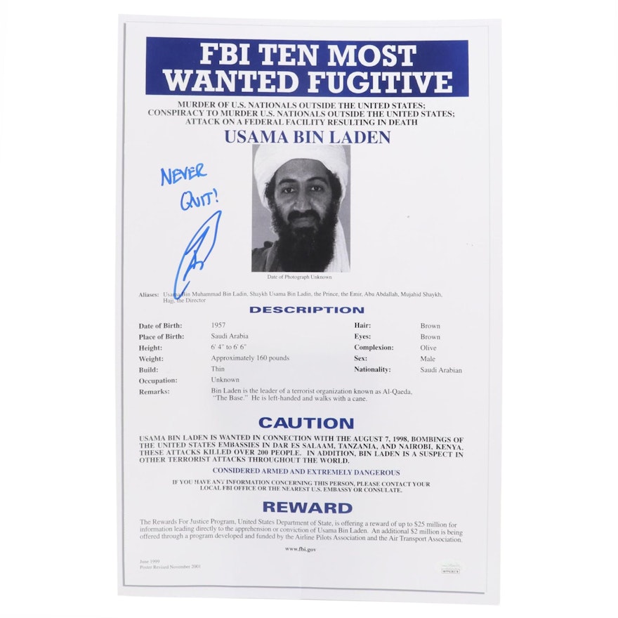 Robert O'Neill Signed Usama Bin Laden FBI Wanted Poster Print with JSA COA