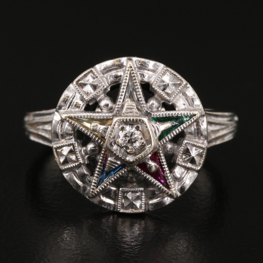 Vintage 14K Diamond and Gemstone Order of the Eastern Star Ring