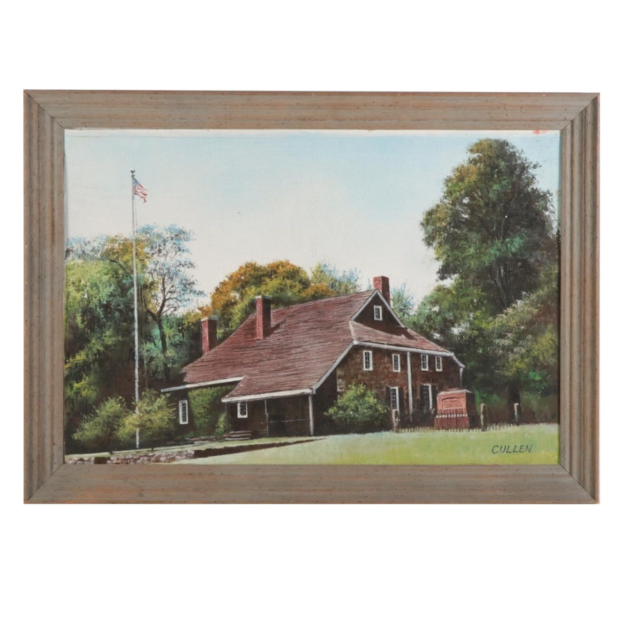 Oil Painting of House with Flag and Gravestone, Mid-Late 20th Century