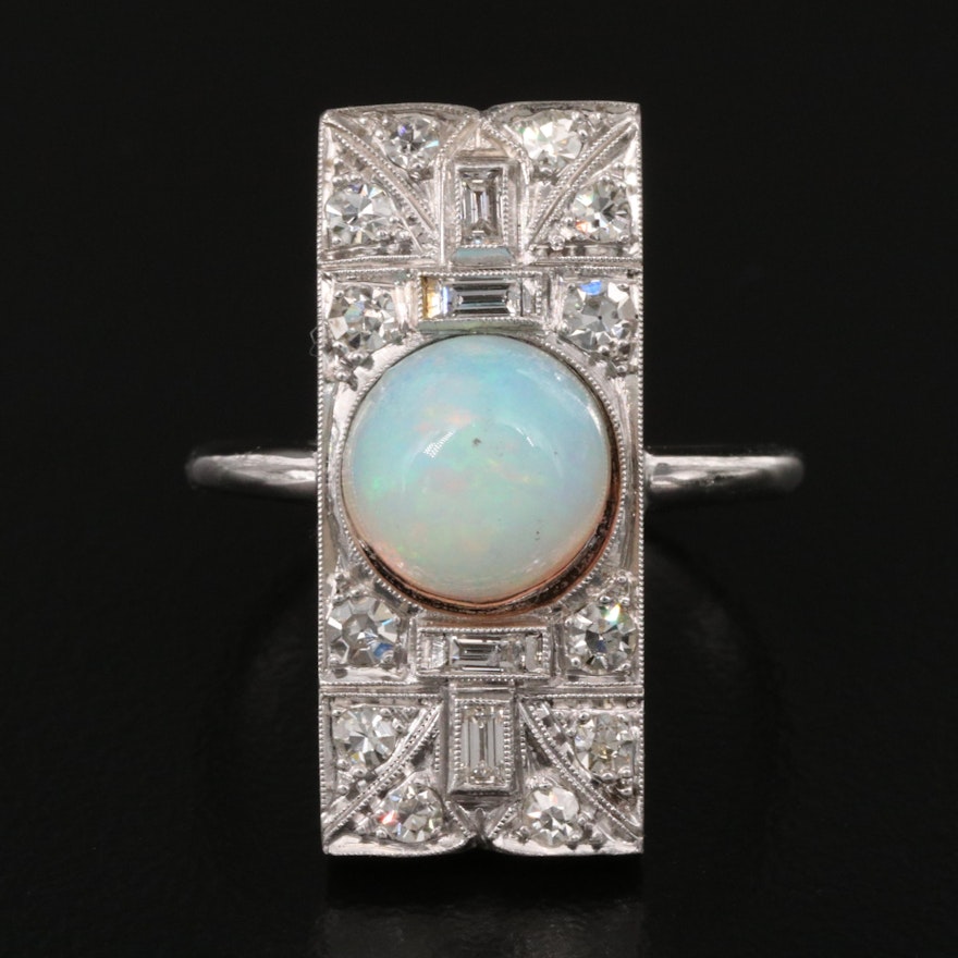 Art Deco Platinum Opal and Diamond Top Ring with 14K Shank