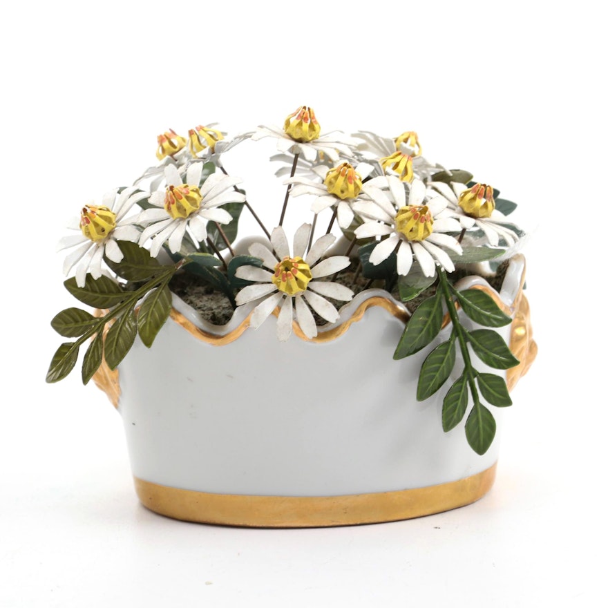 Ted Arnold Porcelain Flower Pot with Enameled and Metal Flowers