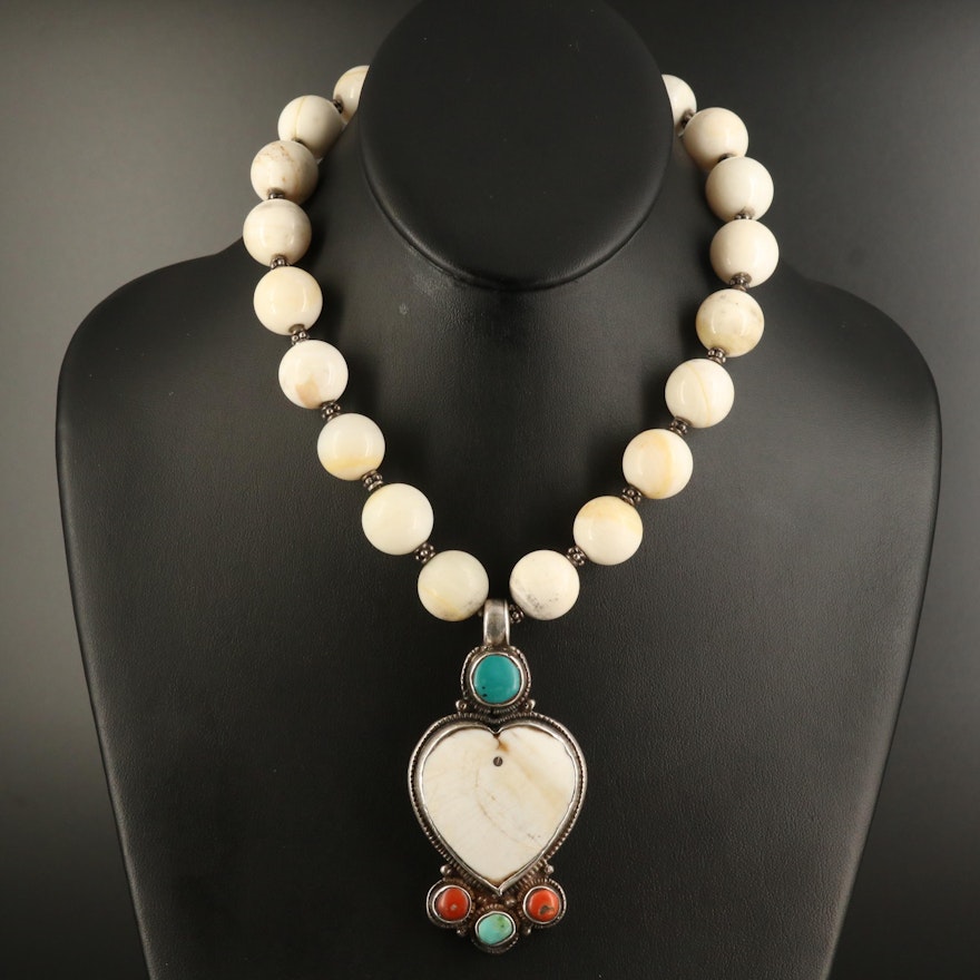 Sterling Shell, Coral and Turquoise Heart Bead Necklace