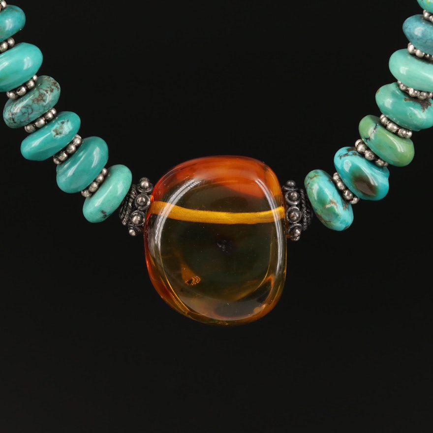 Sterling Turquoise and Amber Beaded Necklace