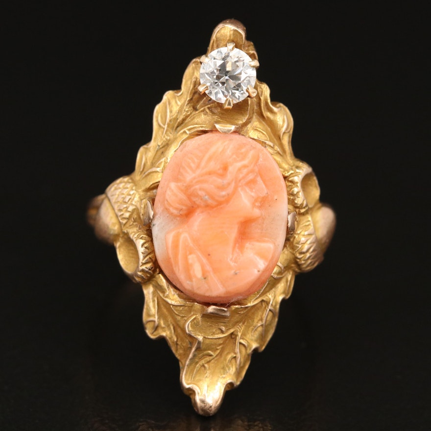 Victorian 14K Diamond and Coral Cameo Ring with Foliate Detail