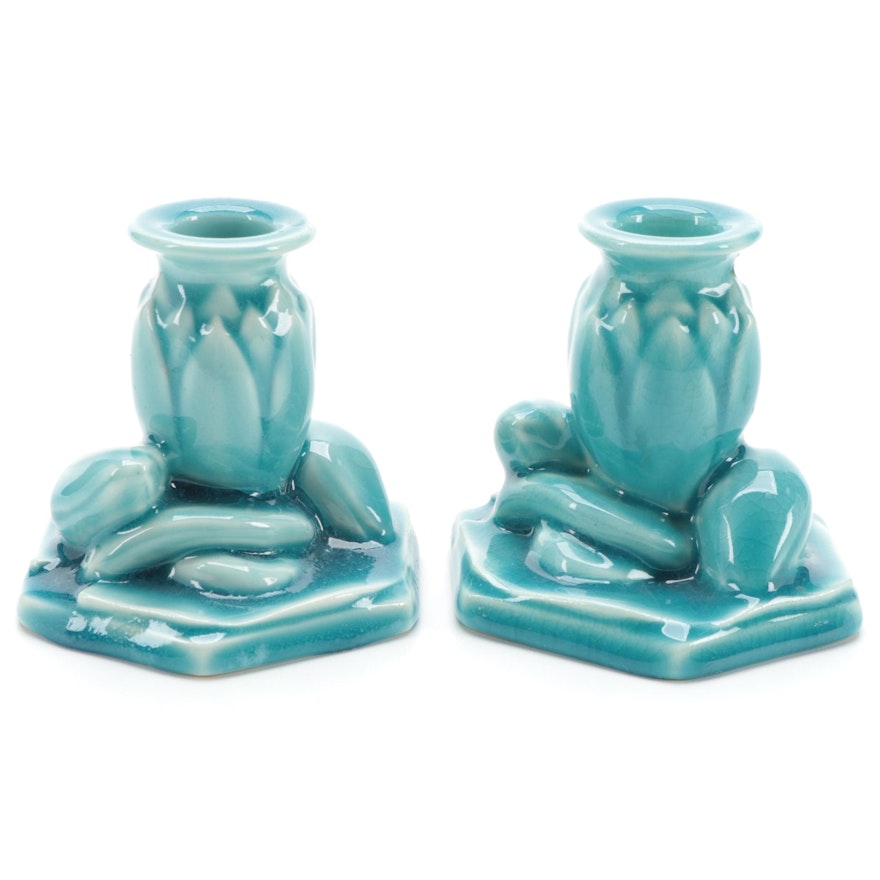 Rookwood Pottery "Water Lily" Glazed Ceramic Candle Holders, 1947