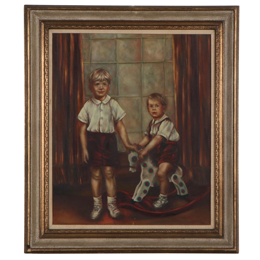 Portrait Oil Painting of Children, Mid-20th Century