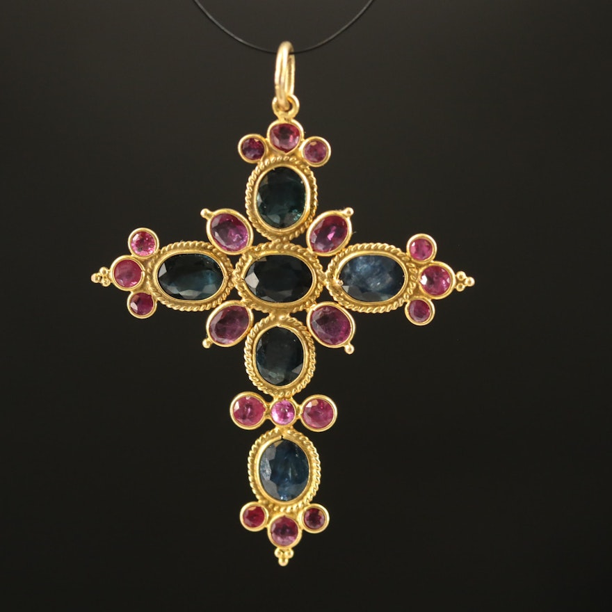 14K Ruby and Sapphire Cross Pendant