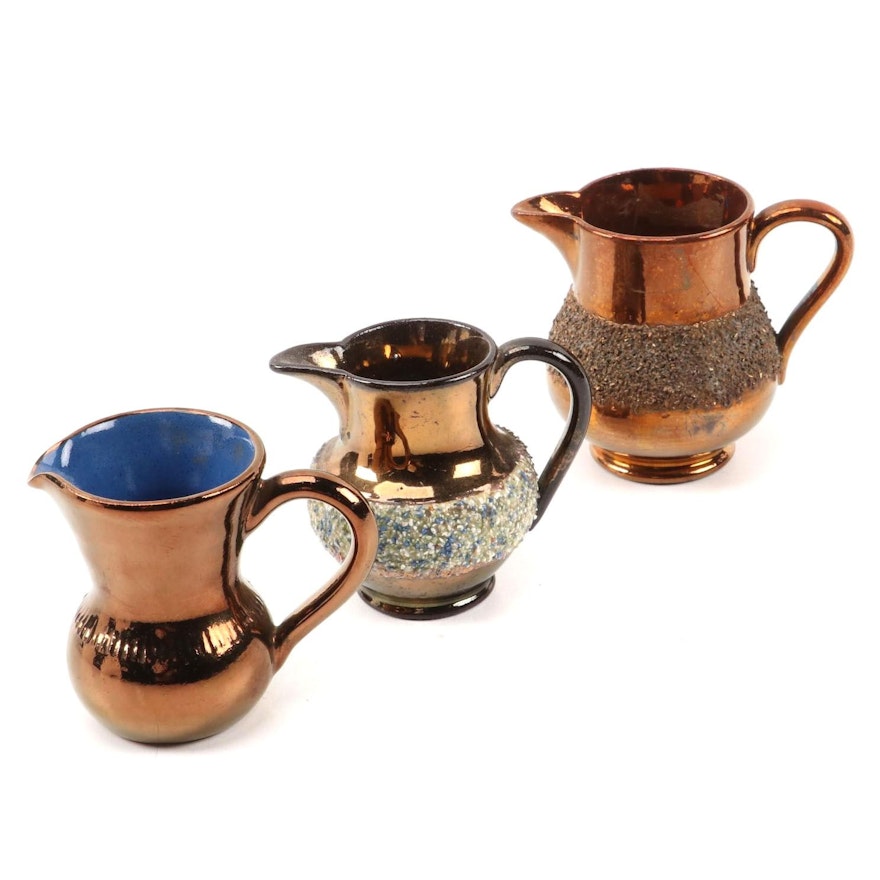 Creigiau Wales and English Other Grit-Banded Copper Luster Creamers