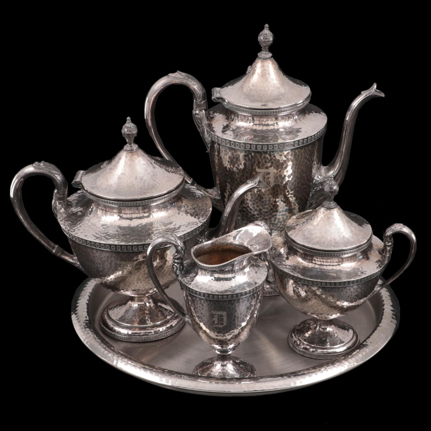 Derby Hammered Silver Plate Tea and Coffee Service on Godinger Round Tray