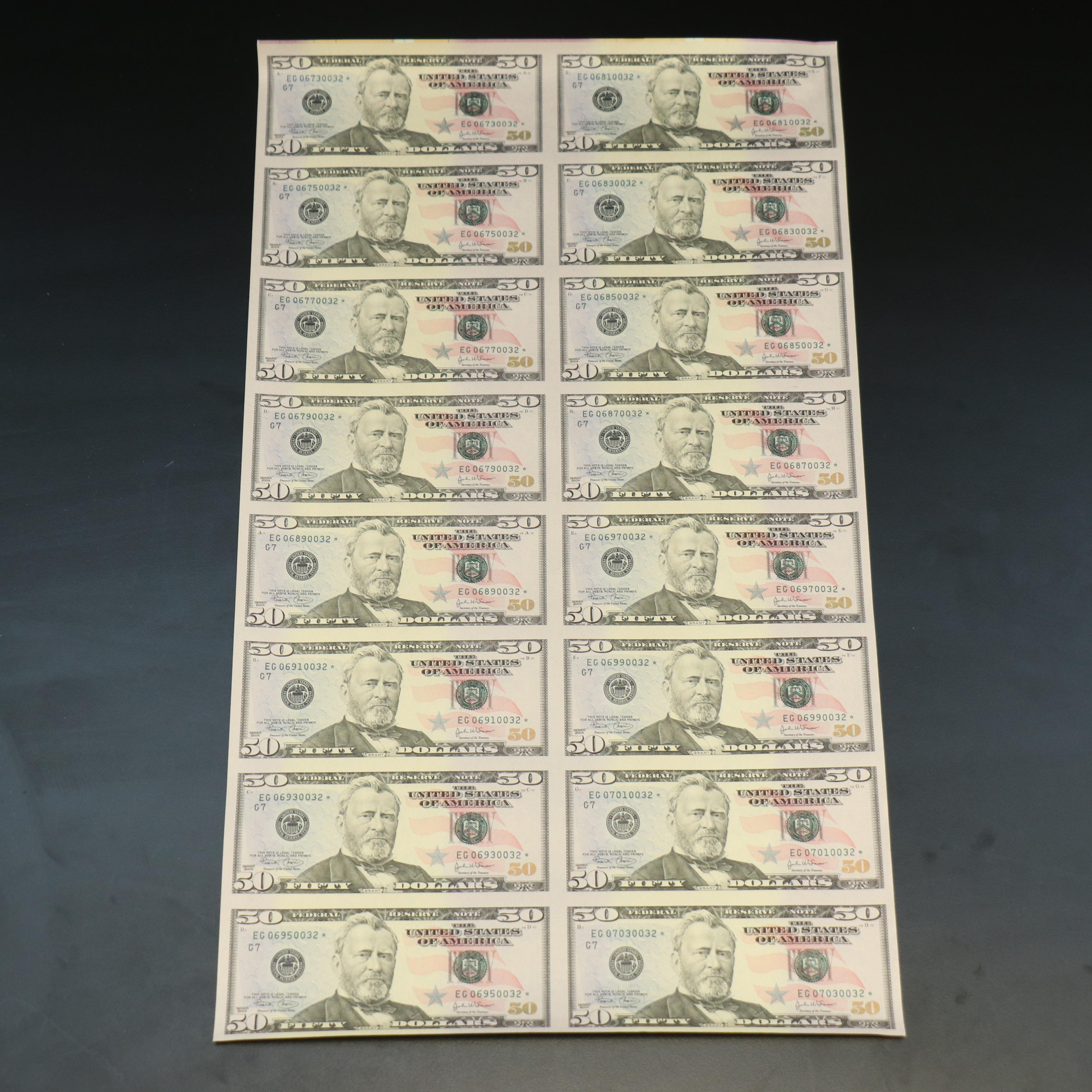 Uncut Half-Sheet of Sixteen "Star Note" $50 Federal Reserve Notes