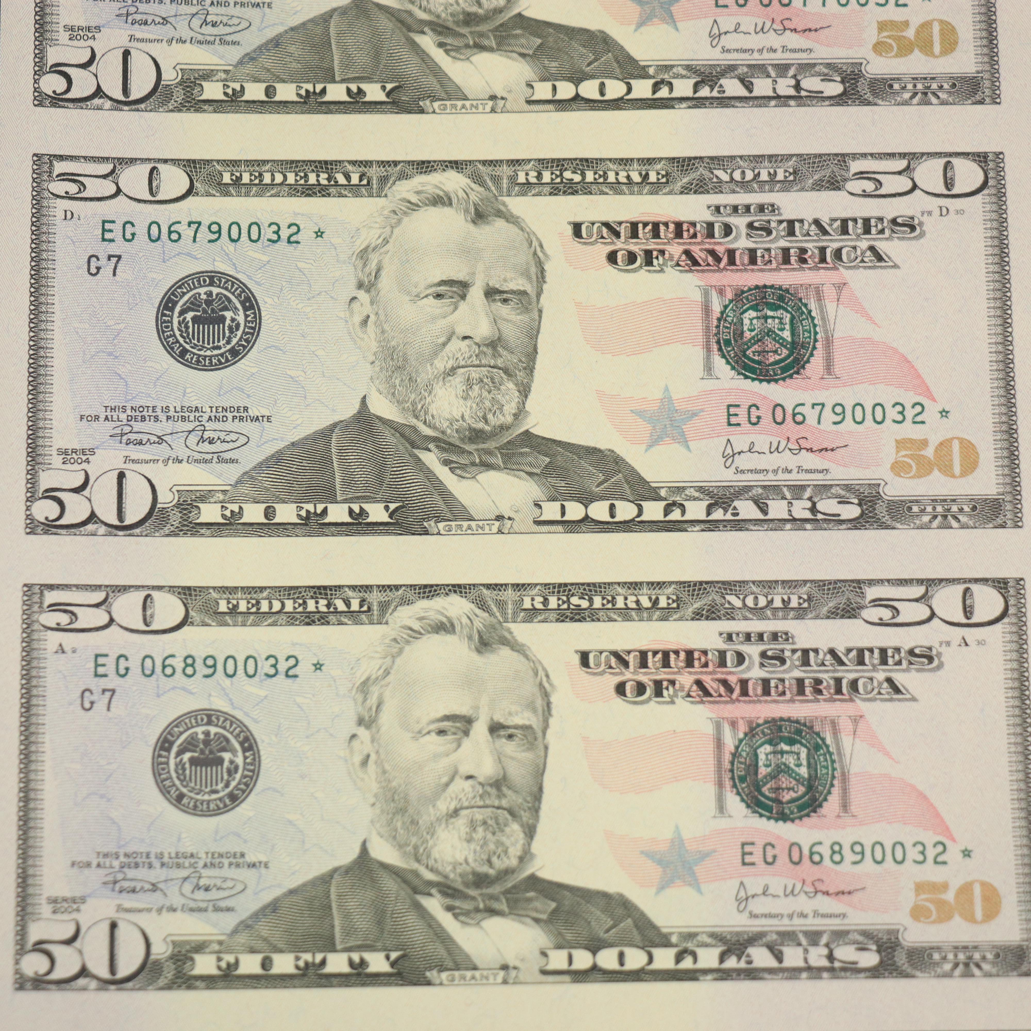 Uncut Half-Sheet of Sixteen "Star Note" $50 Federal Reserve Notes