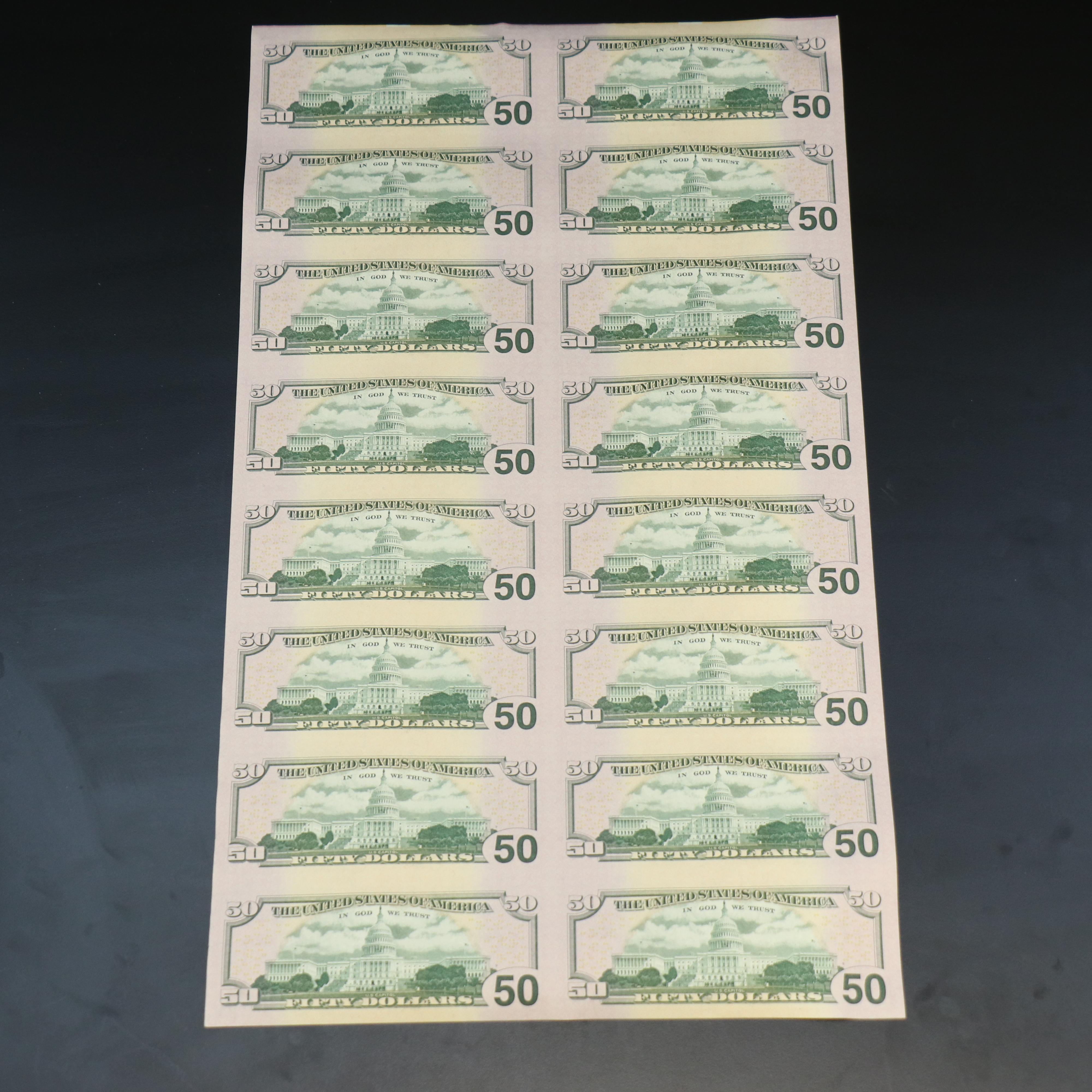 Uncut Half-Sheet of Sixteen "Star Note" $50 Federal Reserve Notes