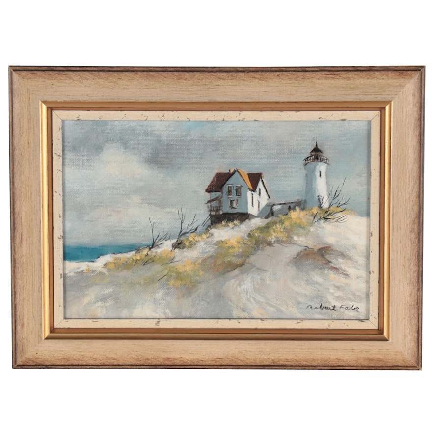 Robert Fabe Oil Painting of Lighthouse and Seaside Home