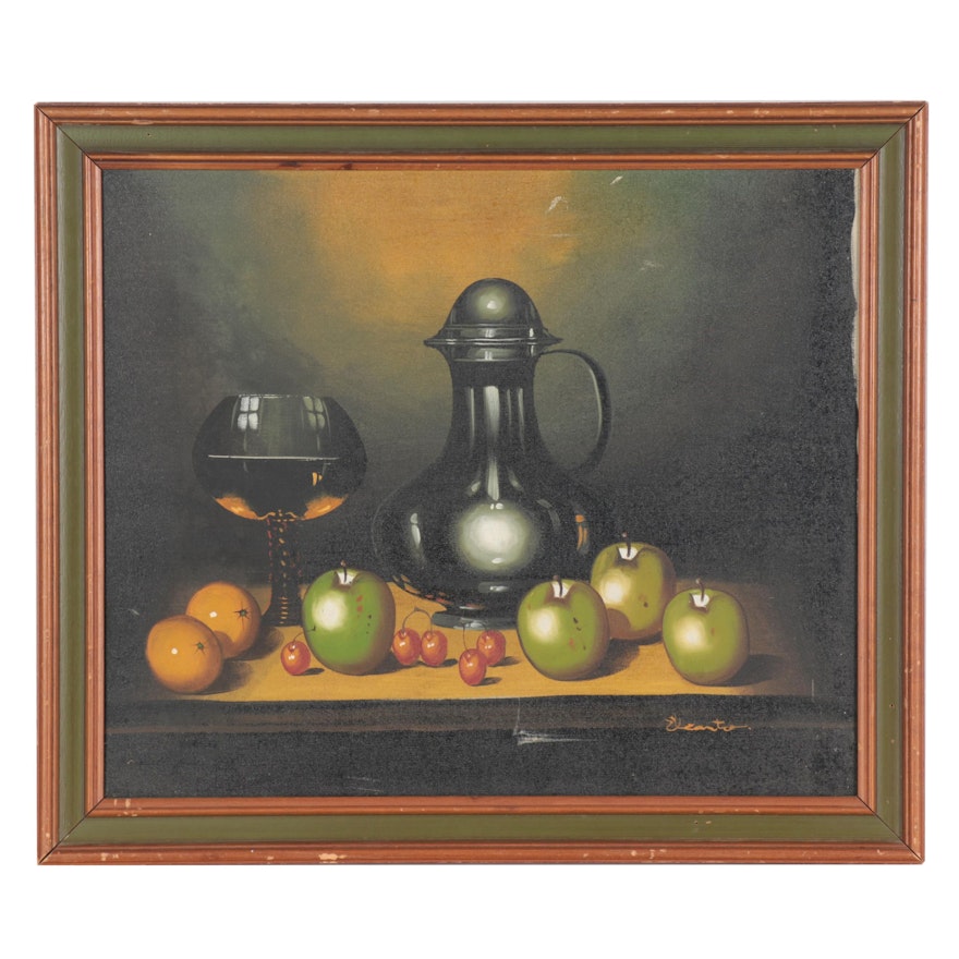 Oil Painting "Still Life - Apples & Cherries," Late 20th Century