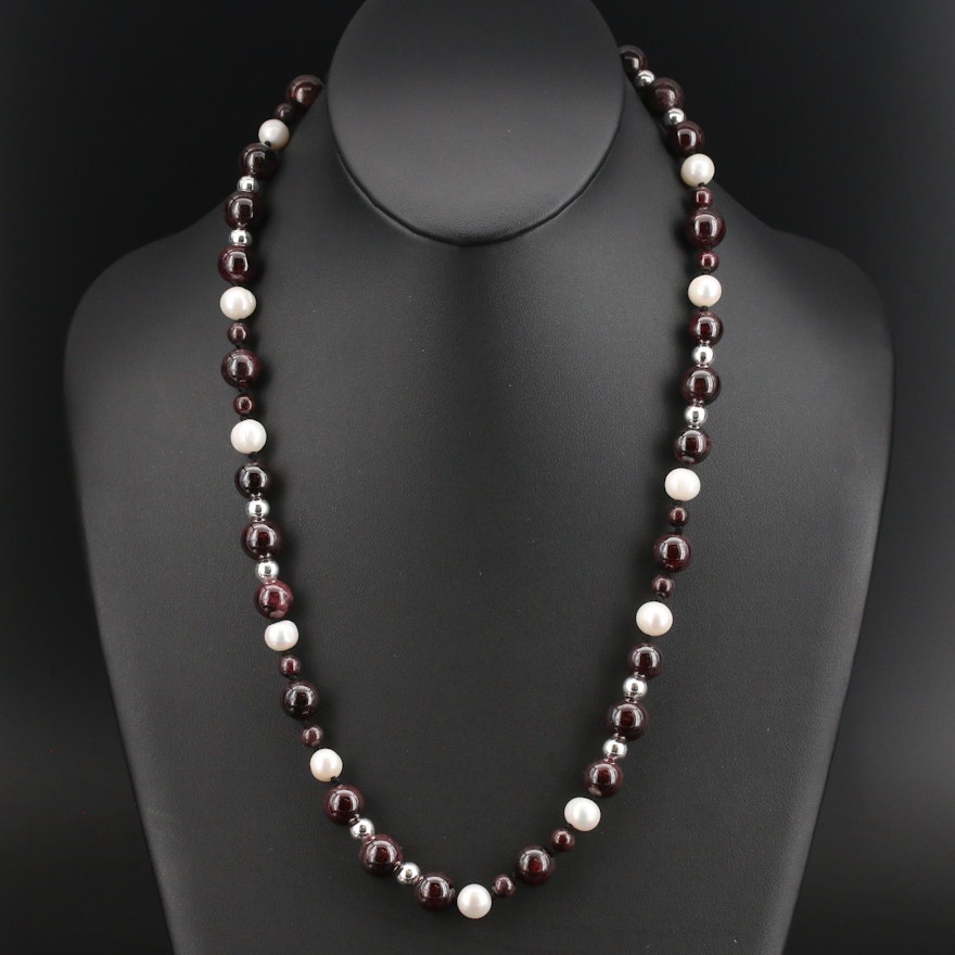 Sterling Garnet and Pearl Beaded Necklace