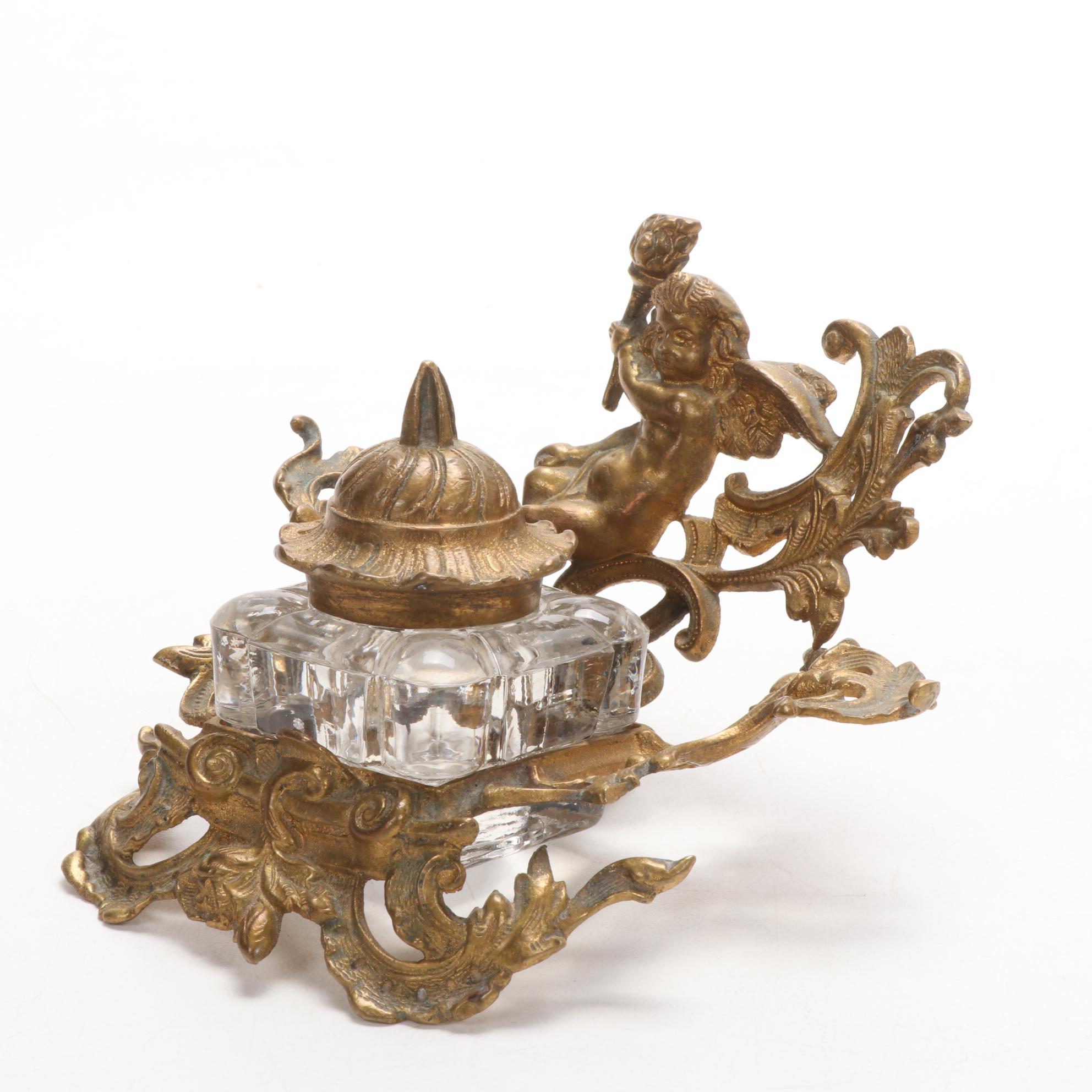 Amoges China and Other Inkwells with Copper Keepsake Box, Early 20th C.