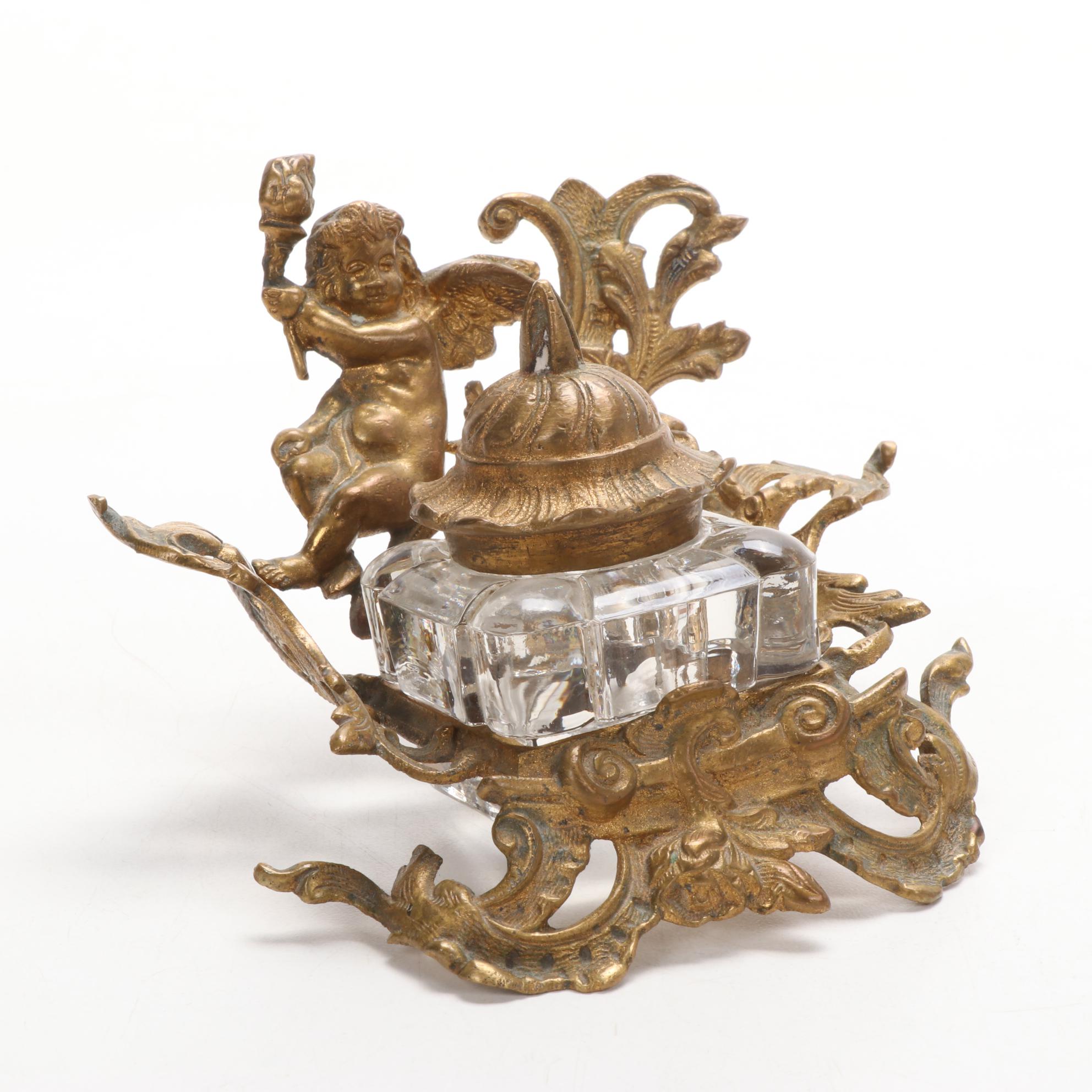 Amoges China and Other Inkwells with Copper Keepsake Box, Early 20th C.