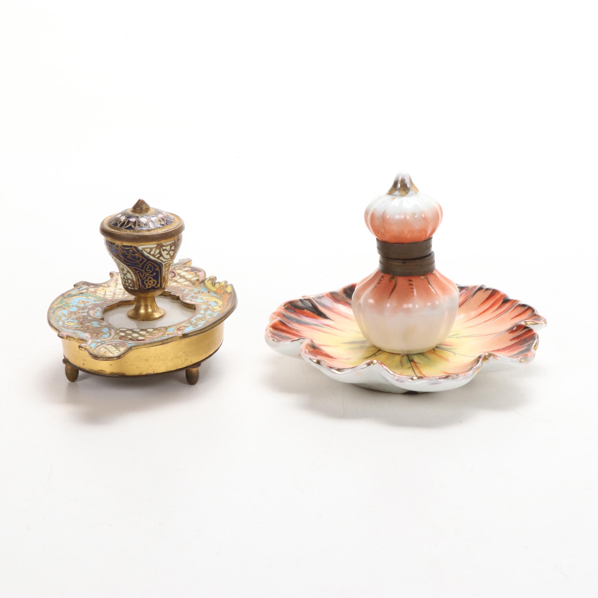 Amoges China and Other Inkwells with Copper Keepsake Box, Early 20th C.