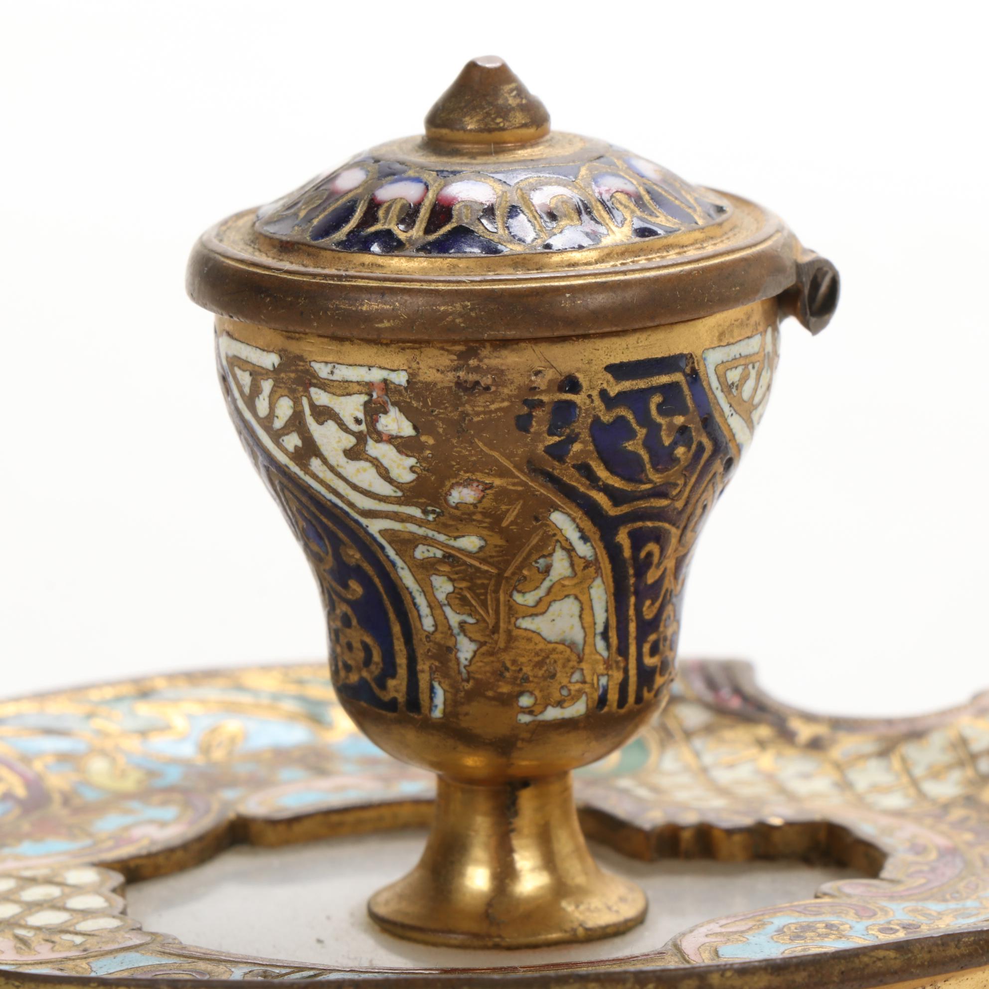 Amoges China and Other Inkwells with Copper Keepsake Box, Early 20th C.