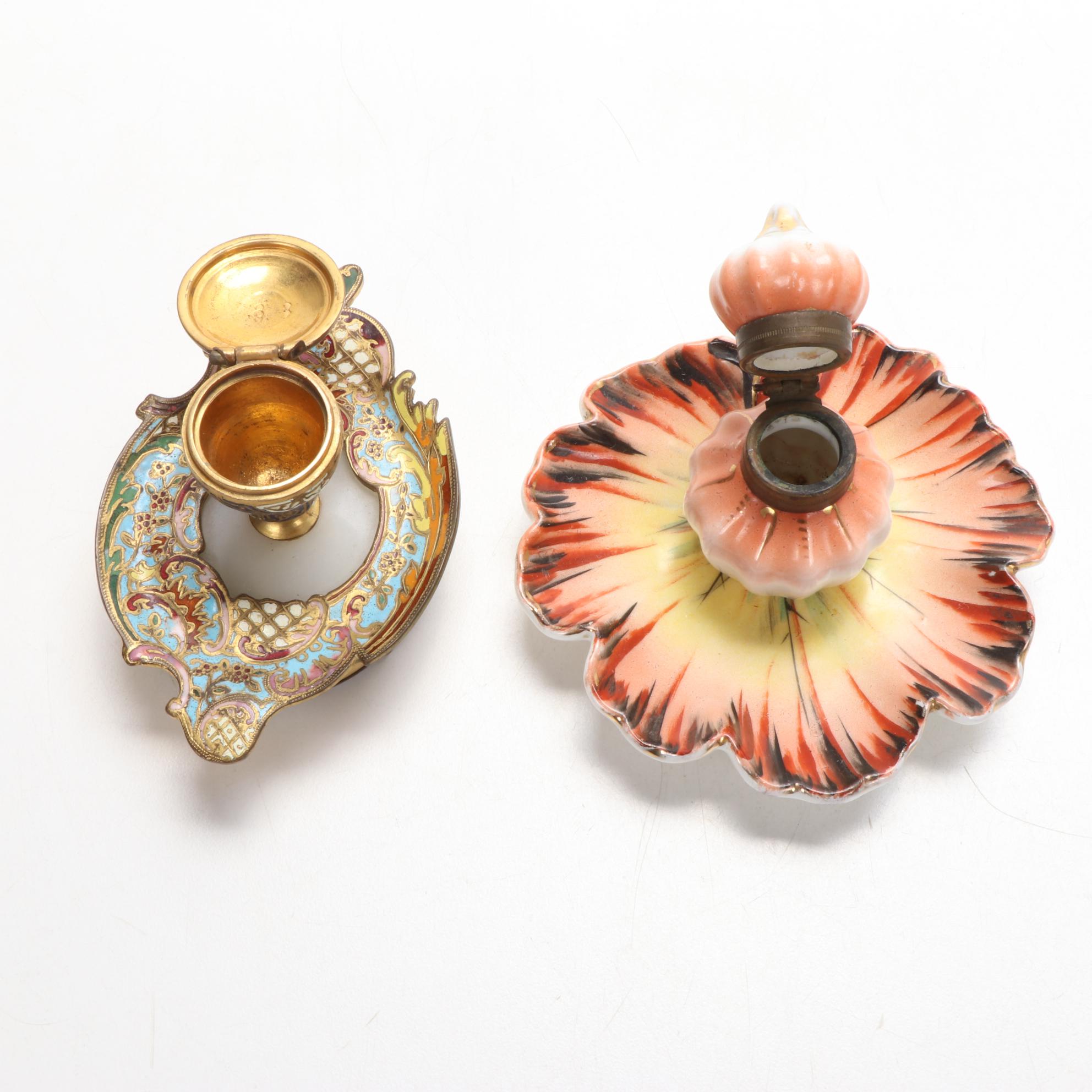 Amoges China and Other Inkwells with Copper Keepsake Box, Early 20th C.