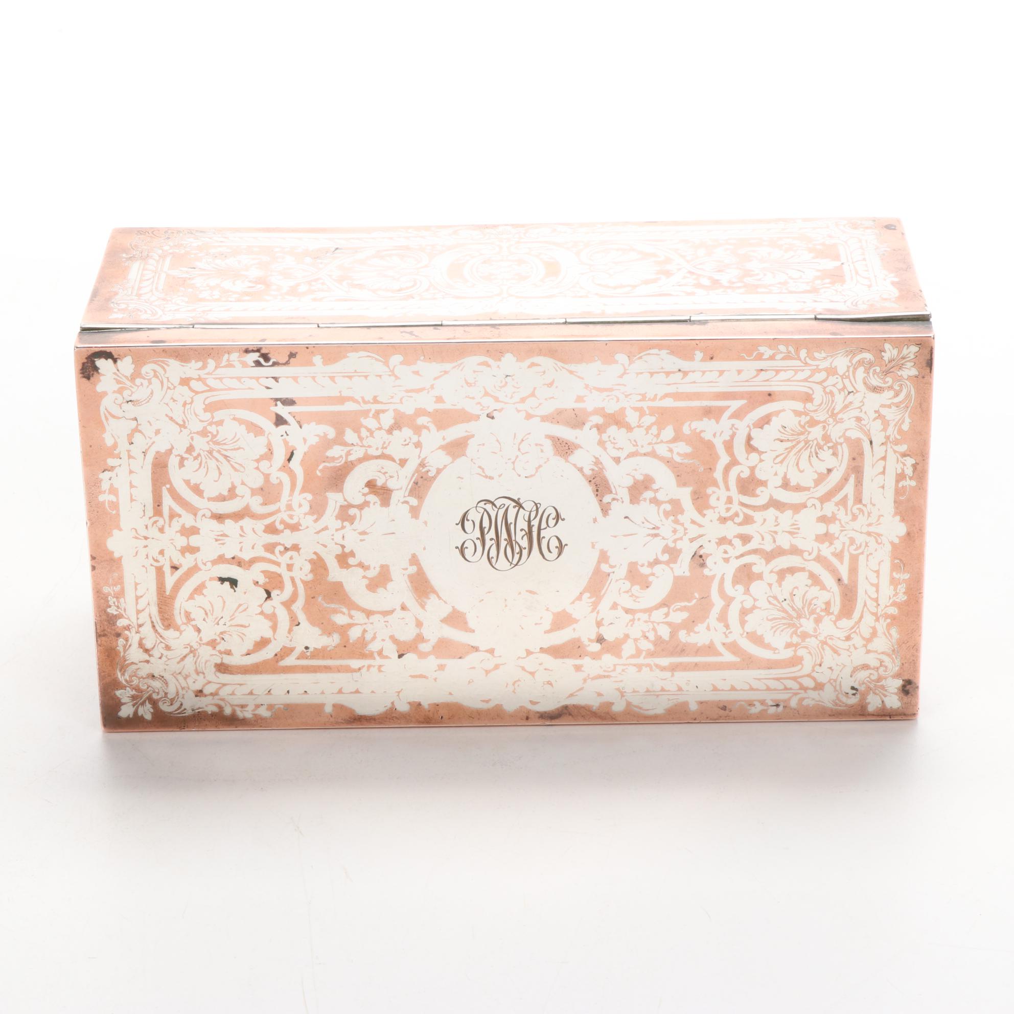 Amoges China and Other Inkwells with Copper Keepsake Box, Early 20th C.