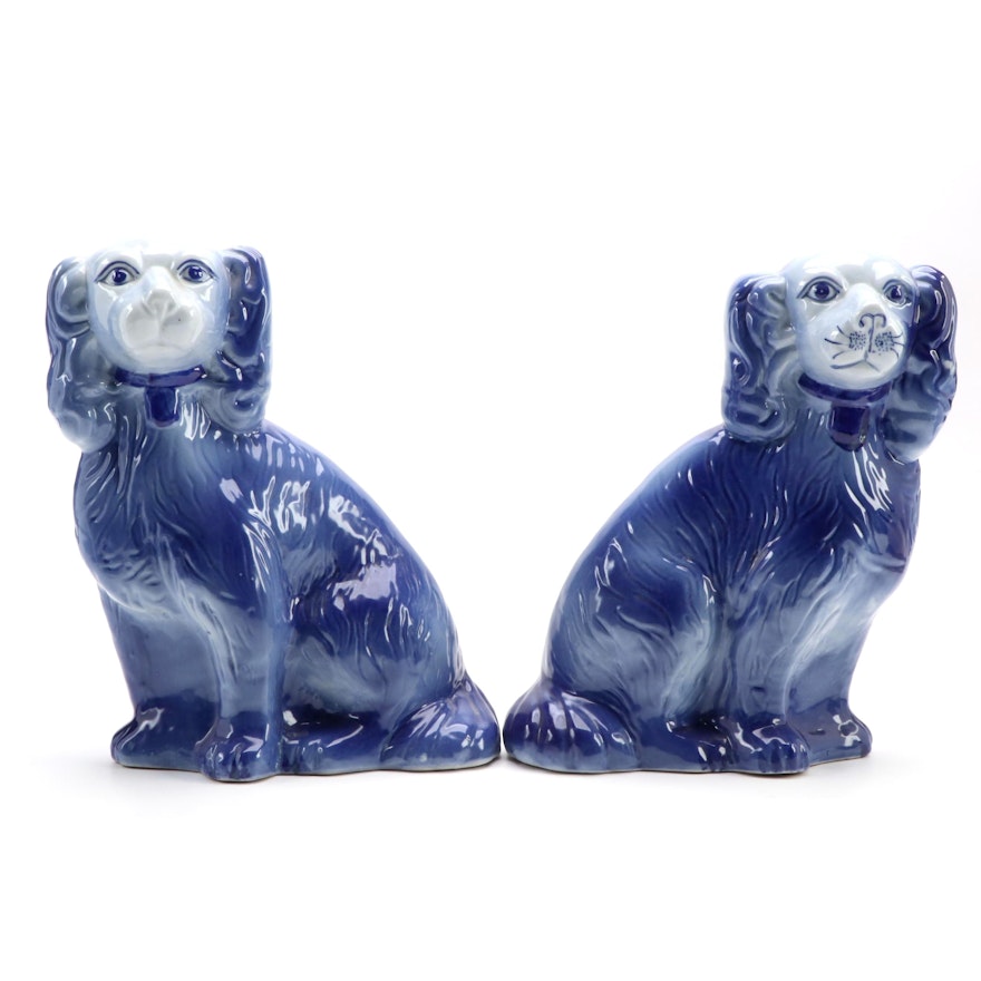 Staffordshire Style Pair of Ceramic Blue Spaniels, Late 20th Century