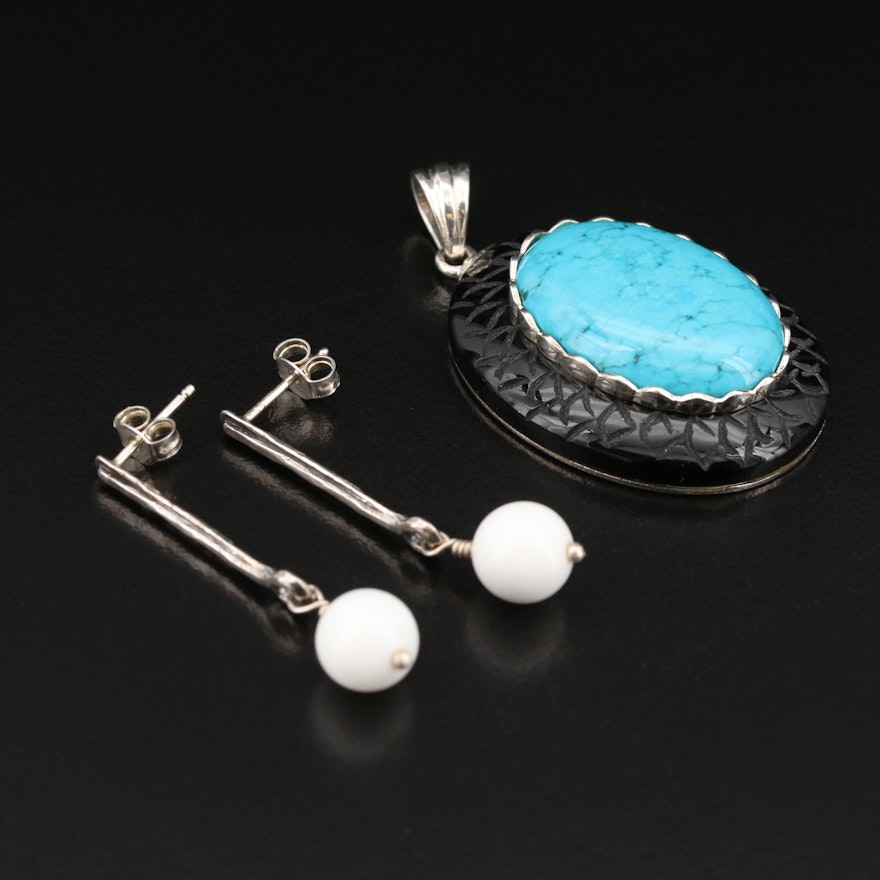 Or Paz Israeli Sterling White Onyx Drop Earrings and Gemstone Pendant