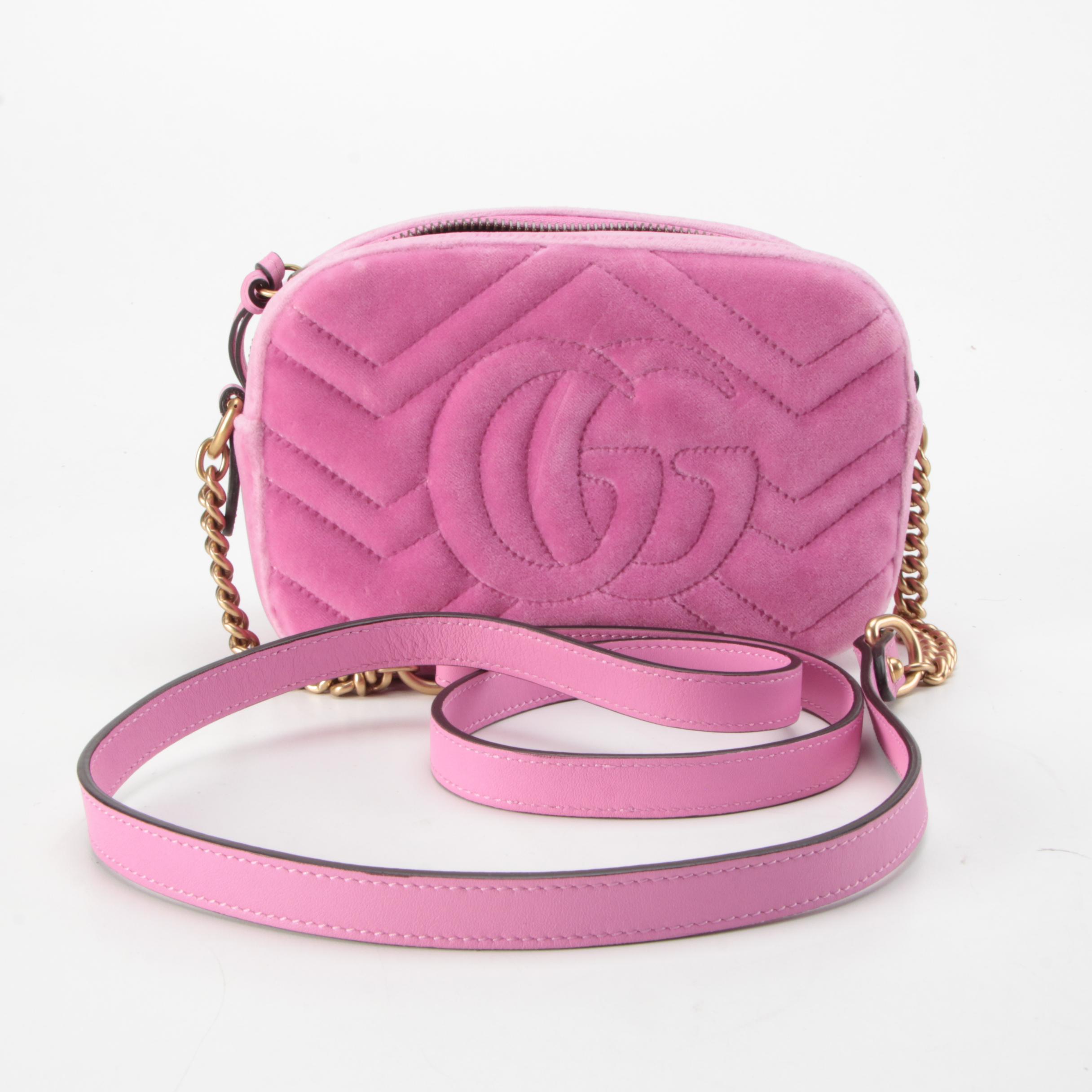 Gucci Marmont Double GG Rhinestone Embellished Mini Camera Bag in Pink Velvet