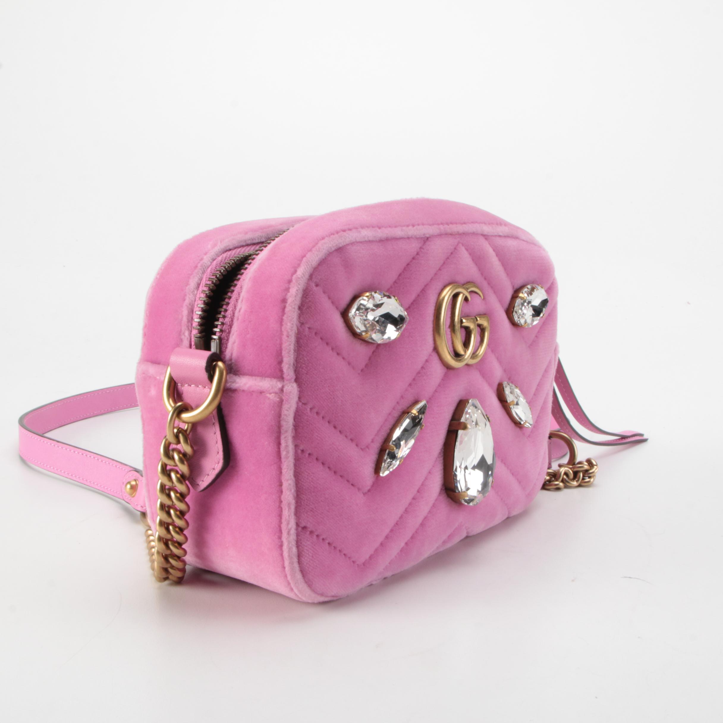 Gucci Marmont Double GG Rhinestone Embellished Mini Camera Bag in Pink Velvet