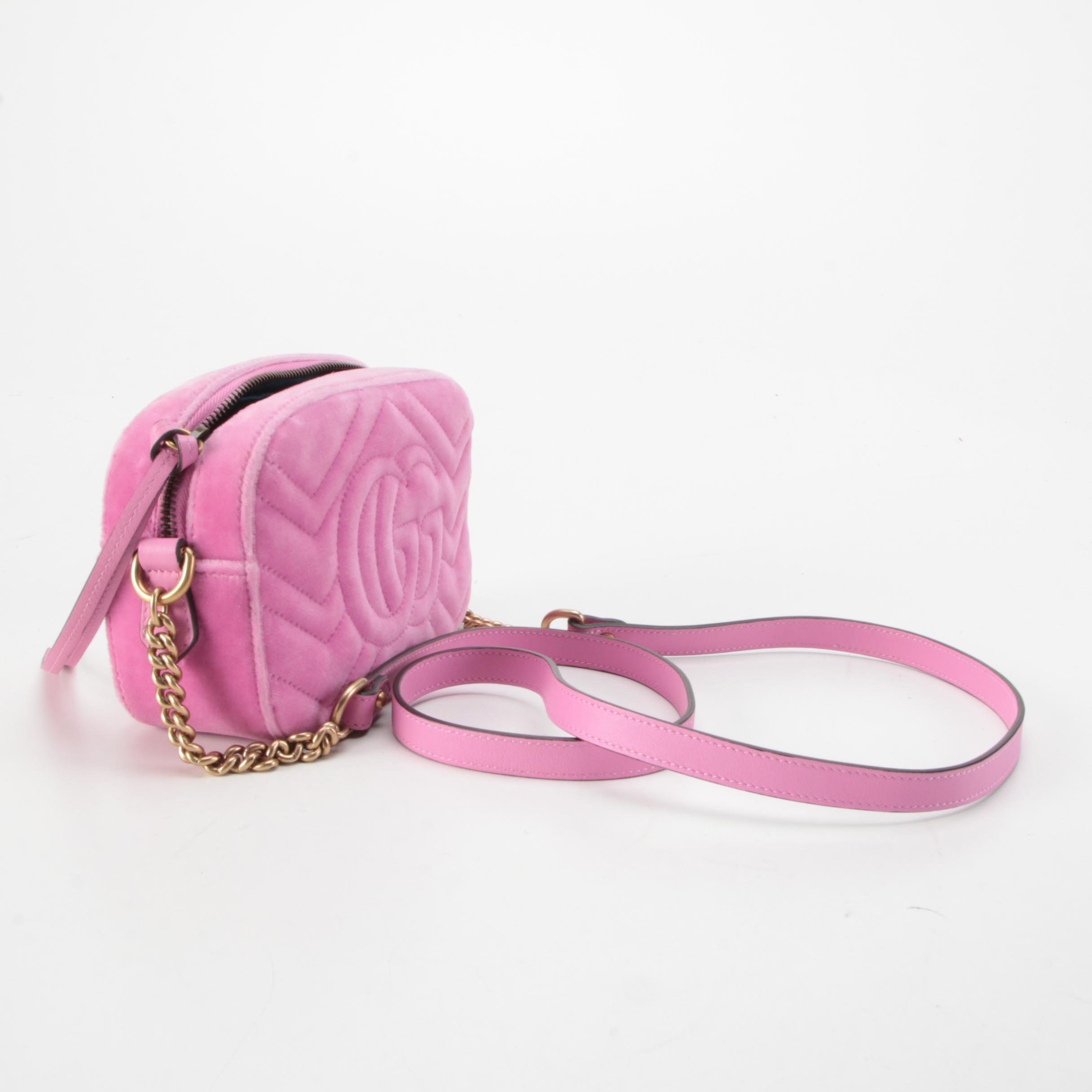 Gucci Marmont Double GG Rhinestone Embellished Mini Camera Bag in Pink Velvet