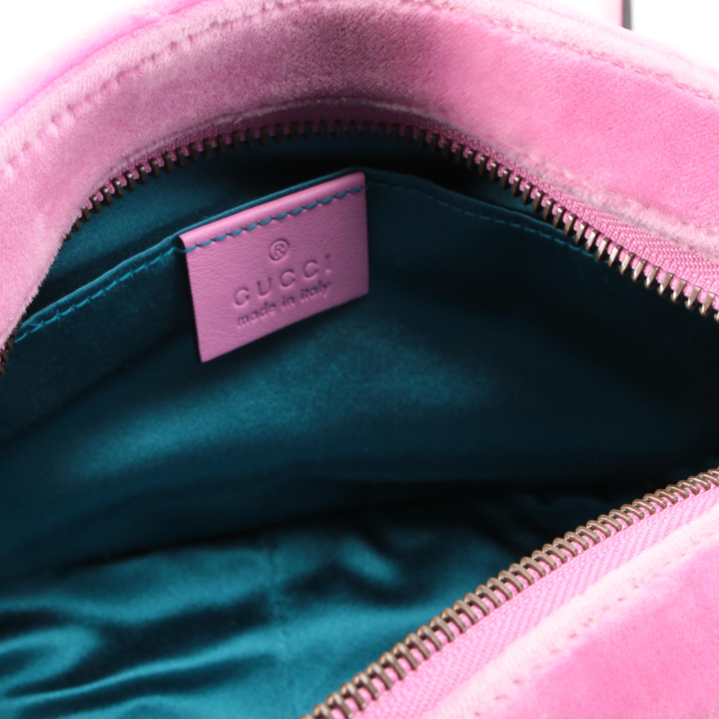 Gucci Marmont Double GG Rhinestone Embellished Mini Camera Bag in Pink Velvet