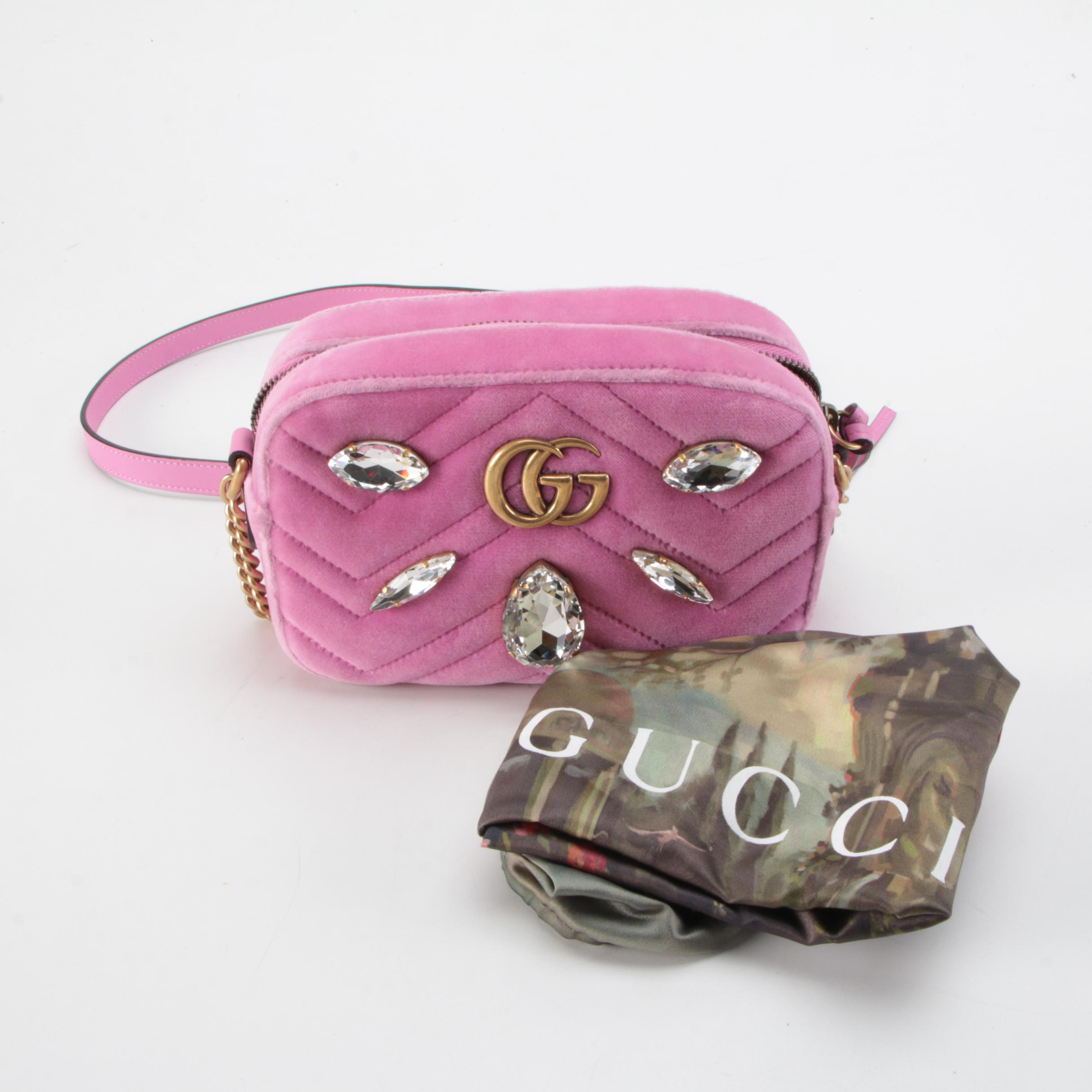 Gucci Marmont Double GG Rhinestone Embellished Mini Camera Bag in Pink Velvet