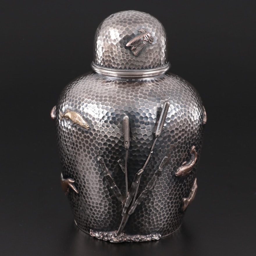 Aesthetic Movement Gorham Sterling Silver and Mixed Metal Tea Caddy, 1880