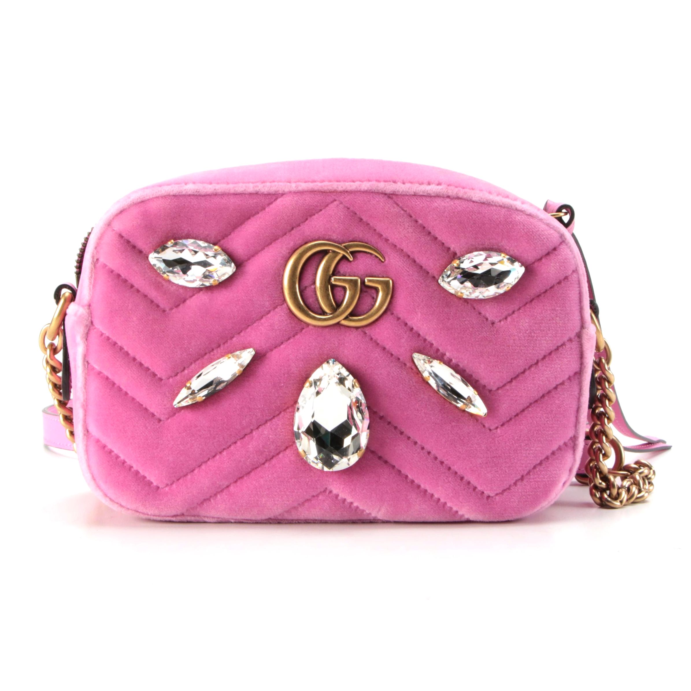 Gucci Marmont Double GG Rhinestone Embellished Mini Camera Bag in Pink Velvet