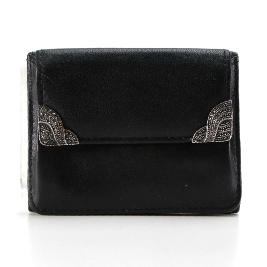 Judith Jack Sterling Silver and Marcasite Embellished Black Leather Wallet