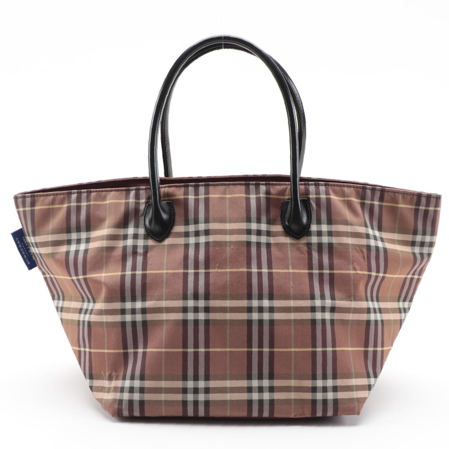 Burberry Blue Label Check Tote Bag with Black Leather Handles
