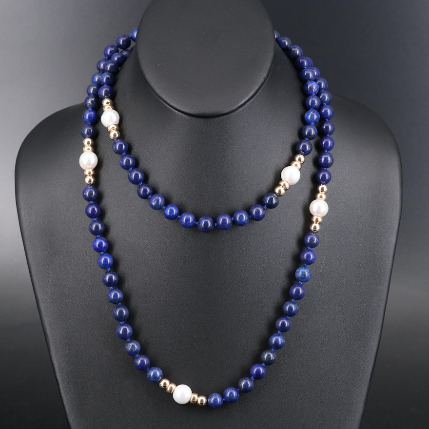 Lapis Lazuli and Pearl Beaded Necklace with 18K Clasp