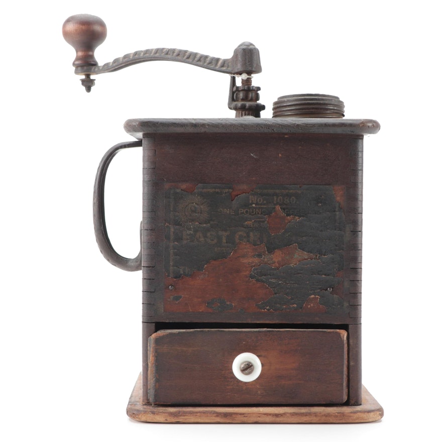 Hand-Cranked Wood and Cast Iron Coffee Grinder, Late 19th to Early 20th Century