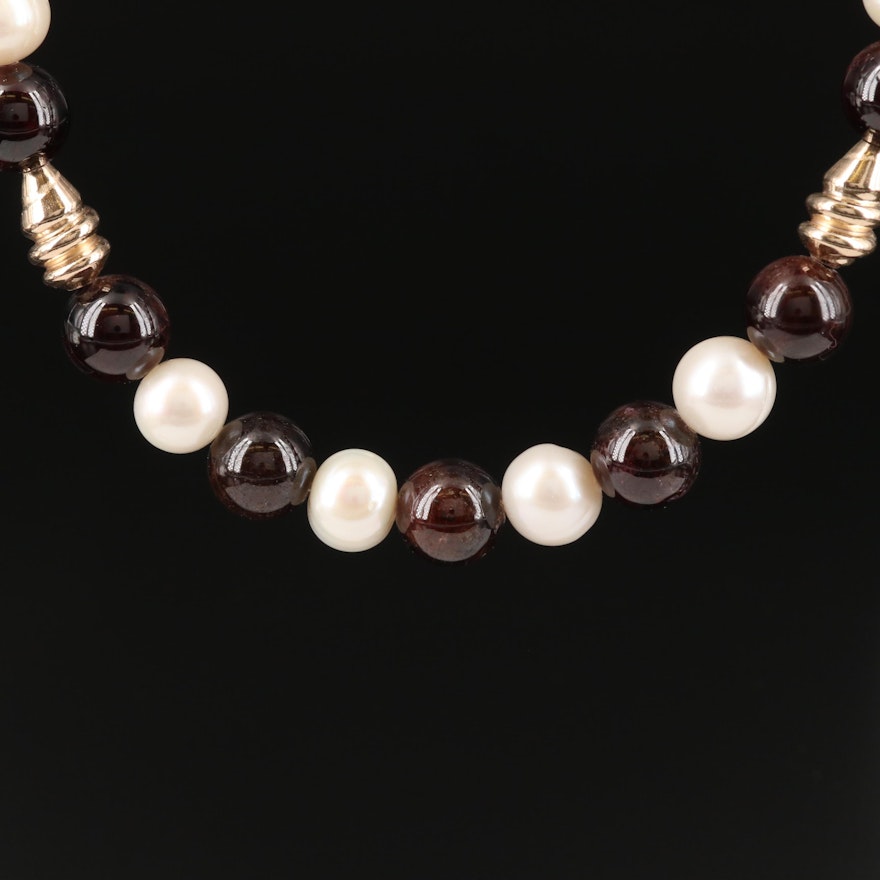 Rhodolite Garnet and Pearl Necklace with Gold Filled Beads and Clasp