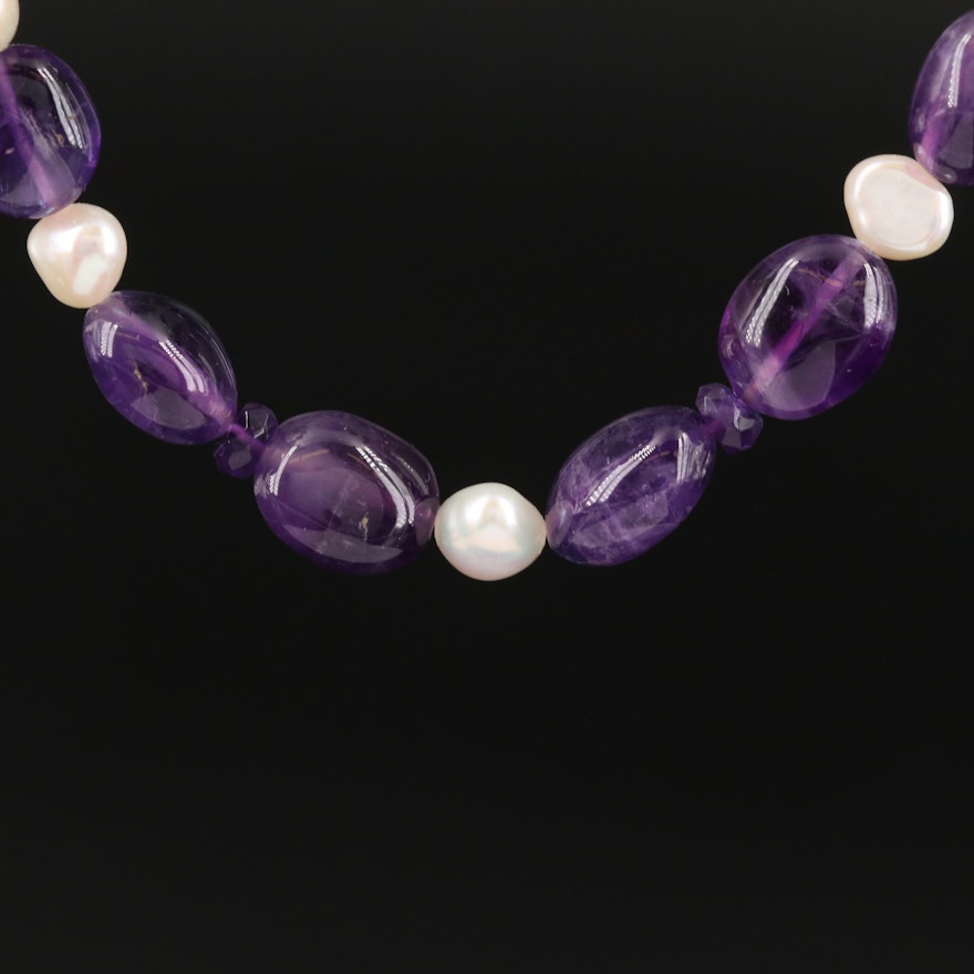 Amethyst and Pearl Necklace with Sterling Clasp