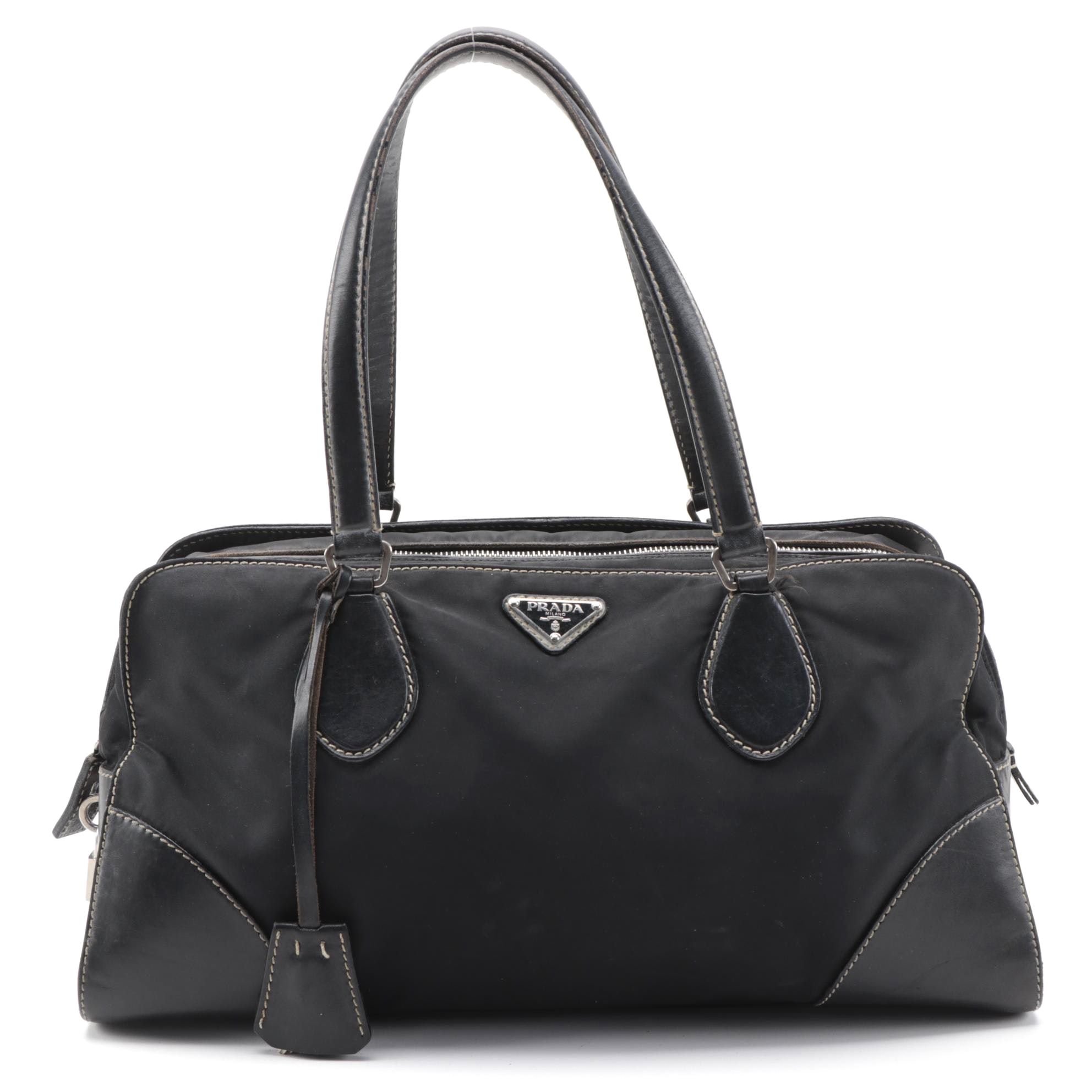 Prada Tessuto Satchel Bag in Black Nylon with Leather Trim