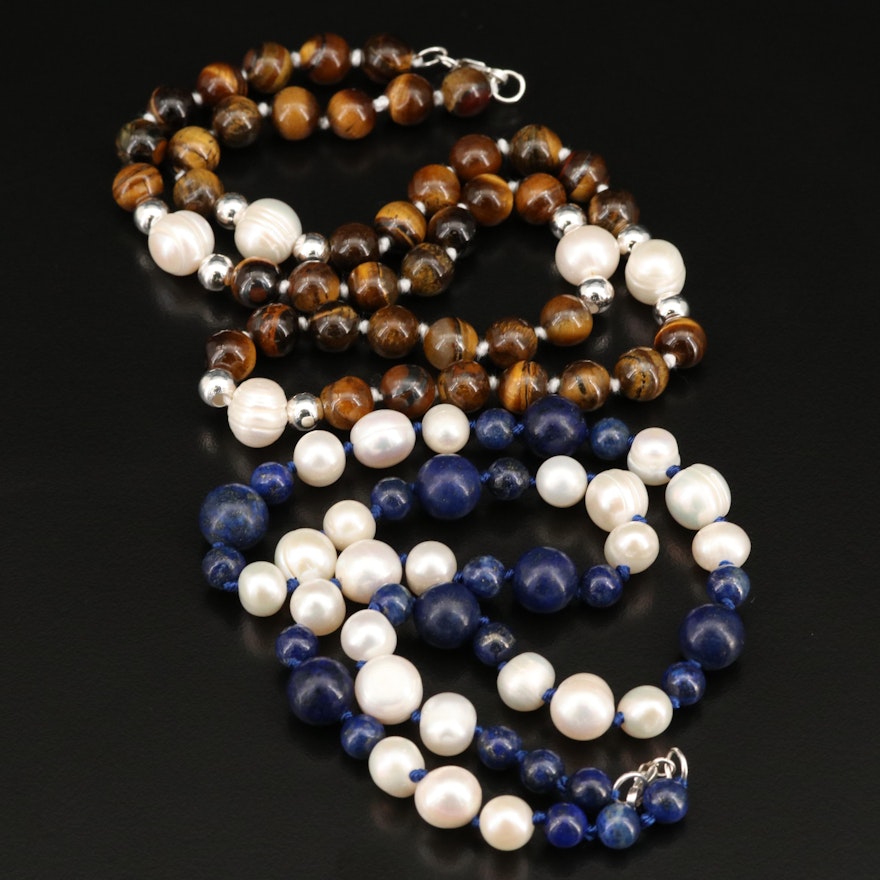 Tiger's Eye, Lapis Lazuli, Pearl Bead Necklaces with Sterling Clasps