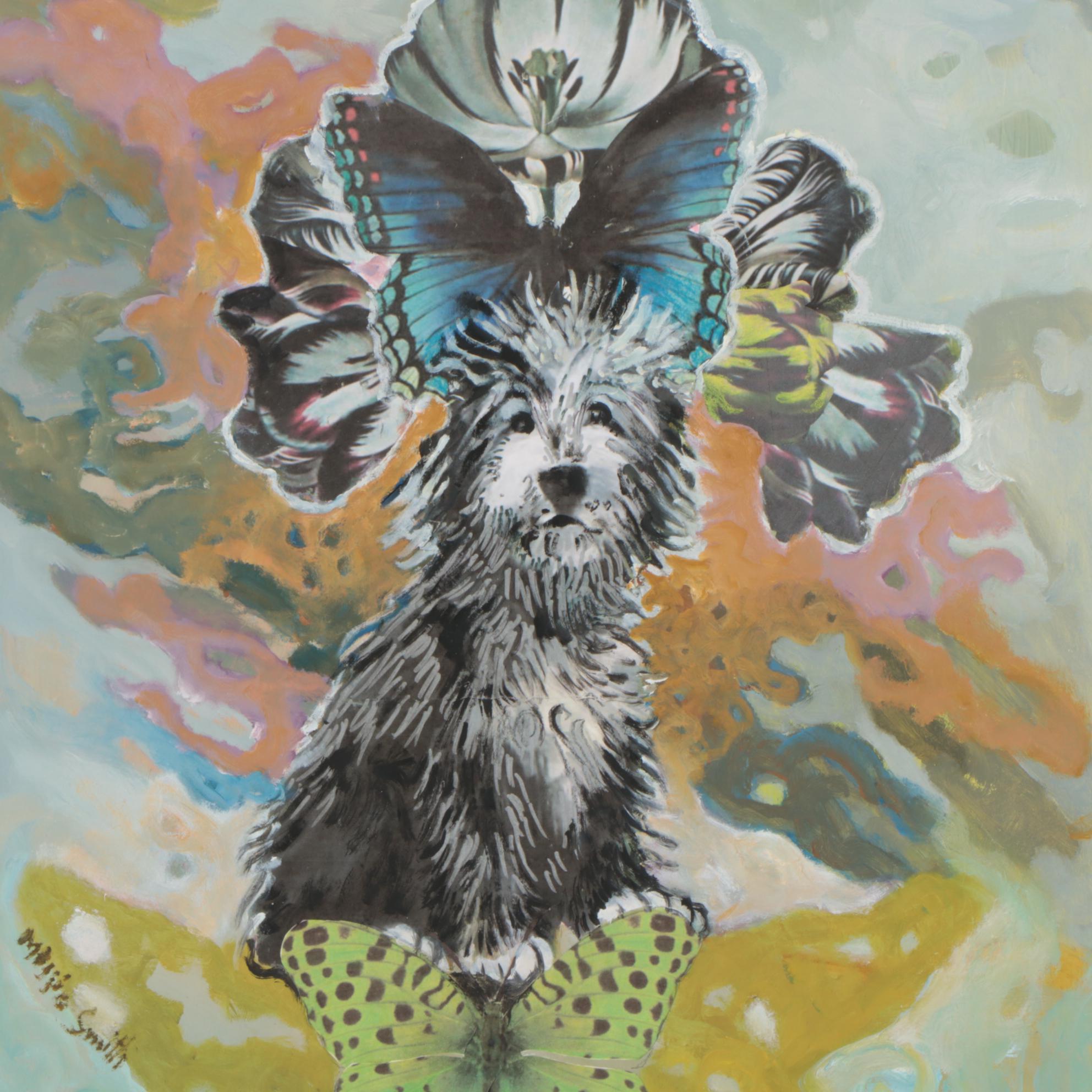 Maggie Smith Mixed Media Painting of Irish Wolfhound with Butterflies