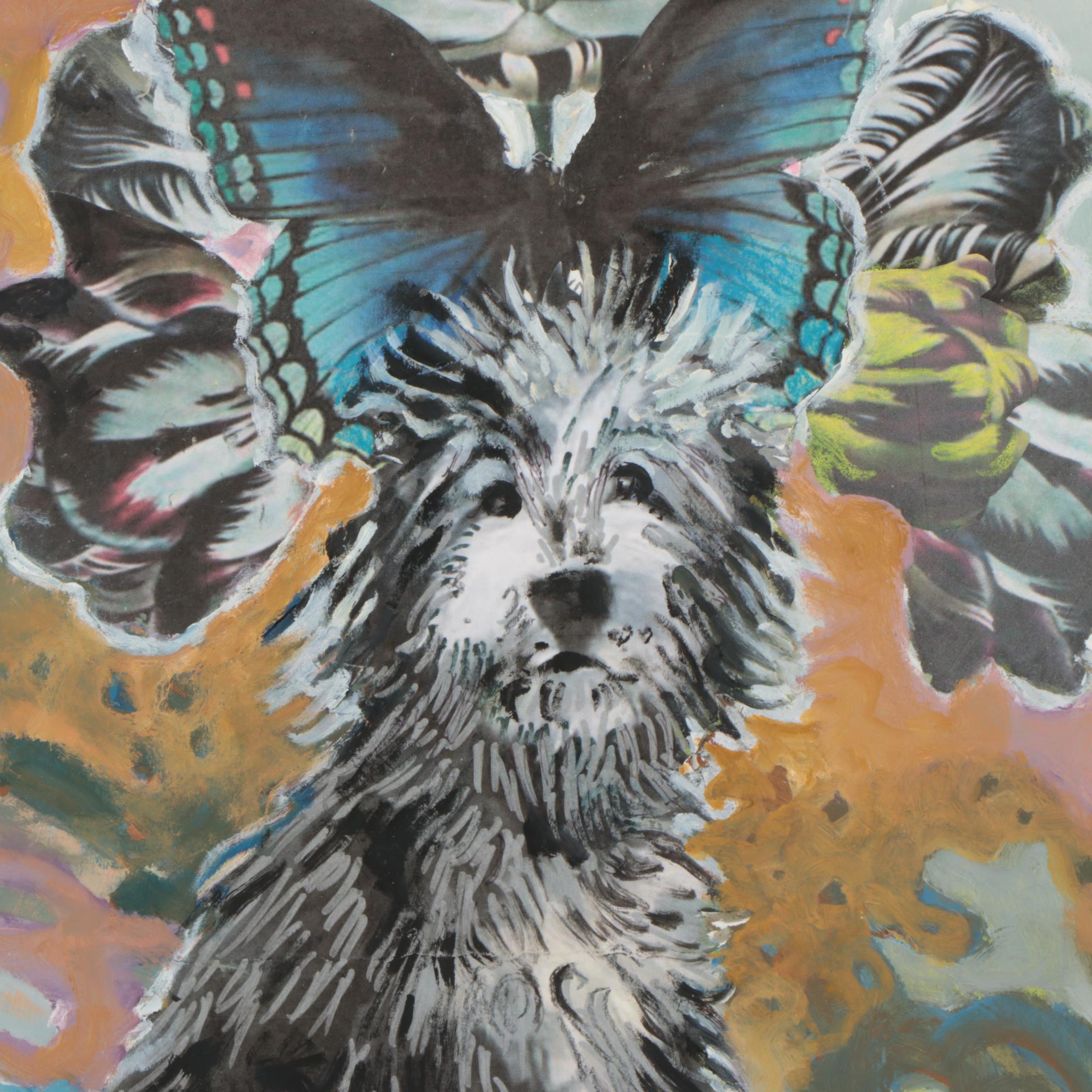 Maggie Smith Mixed Media Painting of Irish Wolfhound with Butterflies