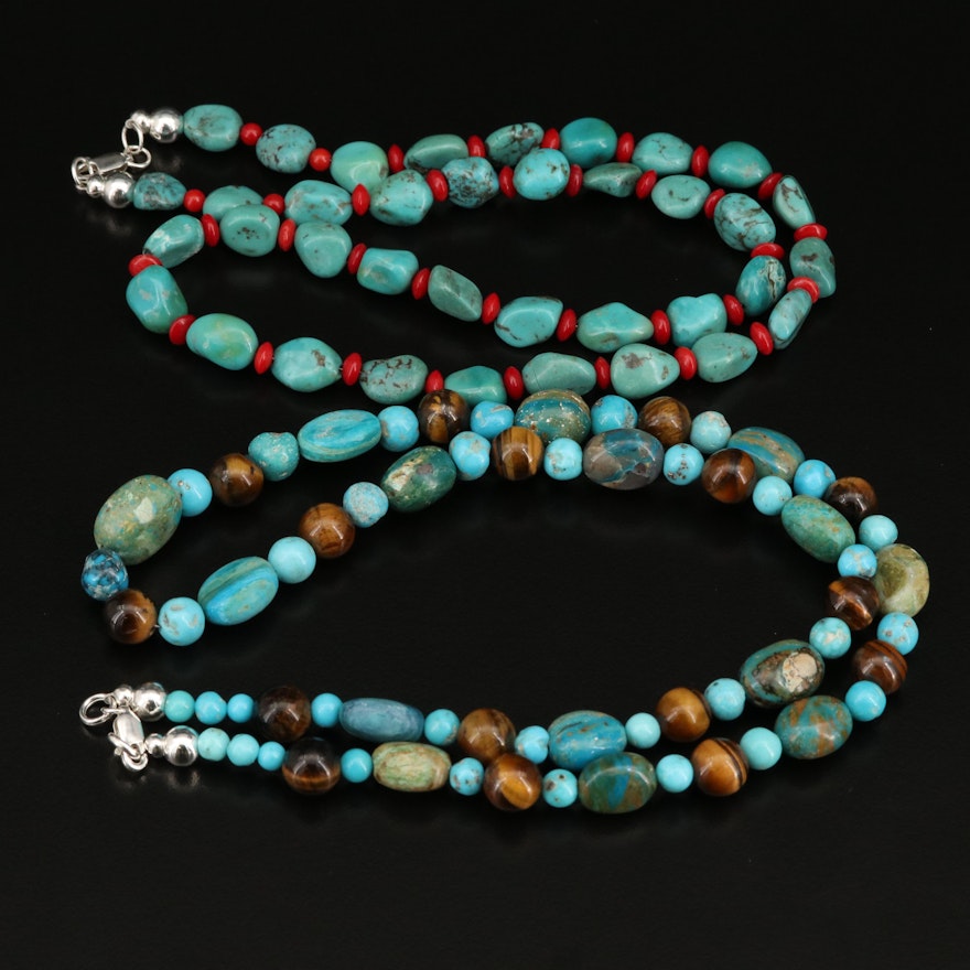 Tiger's Eye, Turquoise and Chrysocolla Necklaces with Sterling Clasp