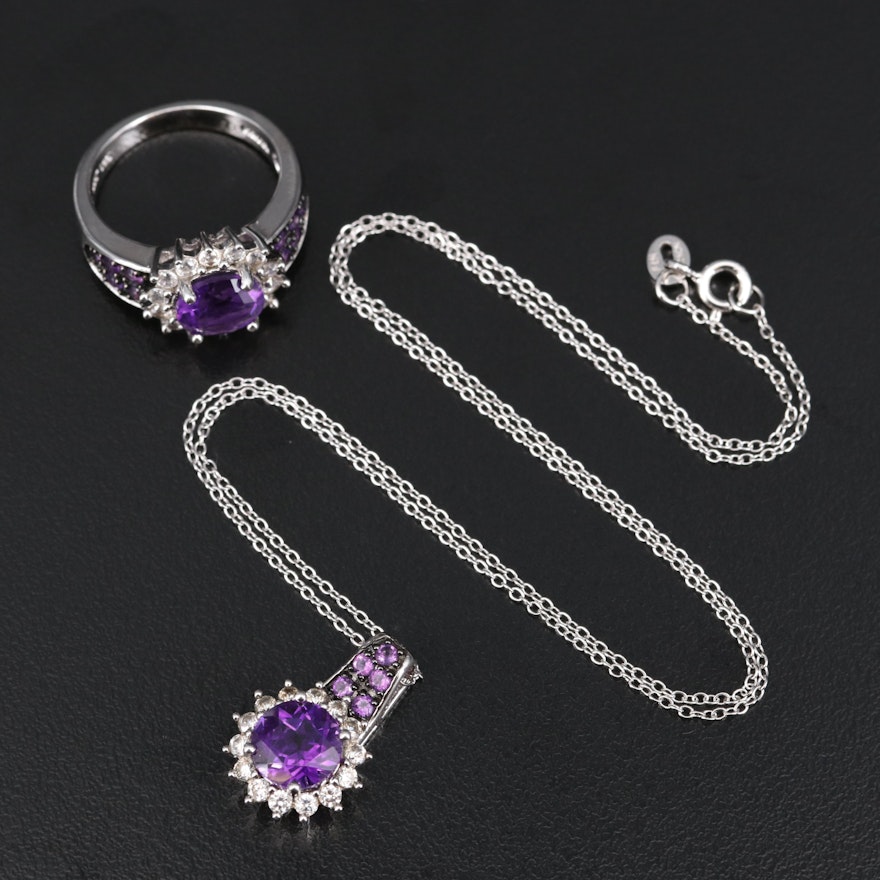 Sterling Amethyst and White Zircon Pendant Necklace and Ring Set