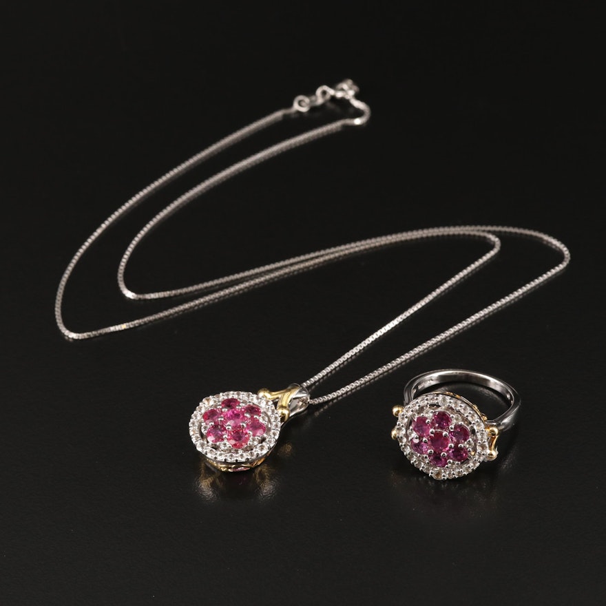 Sterling Ruby and White Topaz Pendant and Ring Set