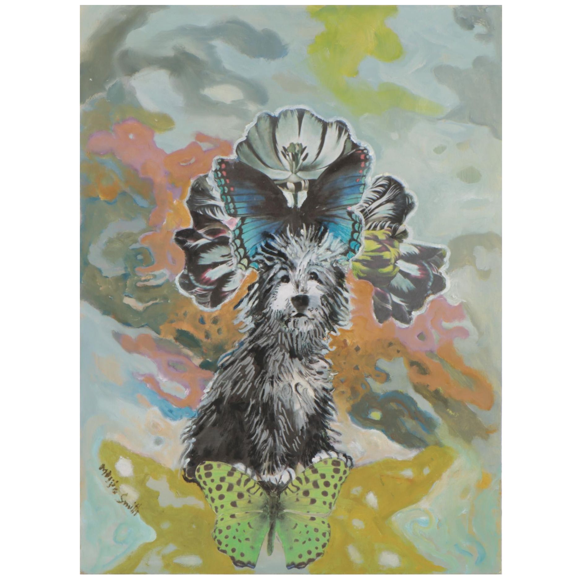 Maggie Smith Mixed Media Painting of Irish Wolfhound with Butterflies